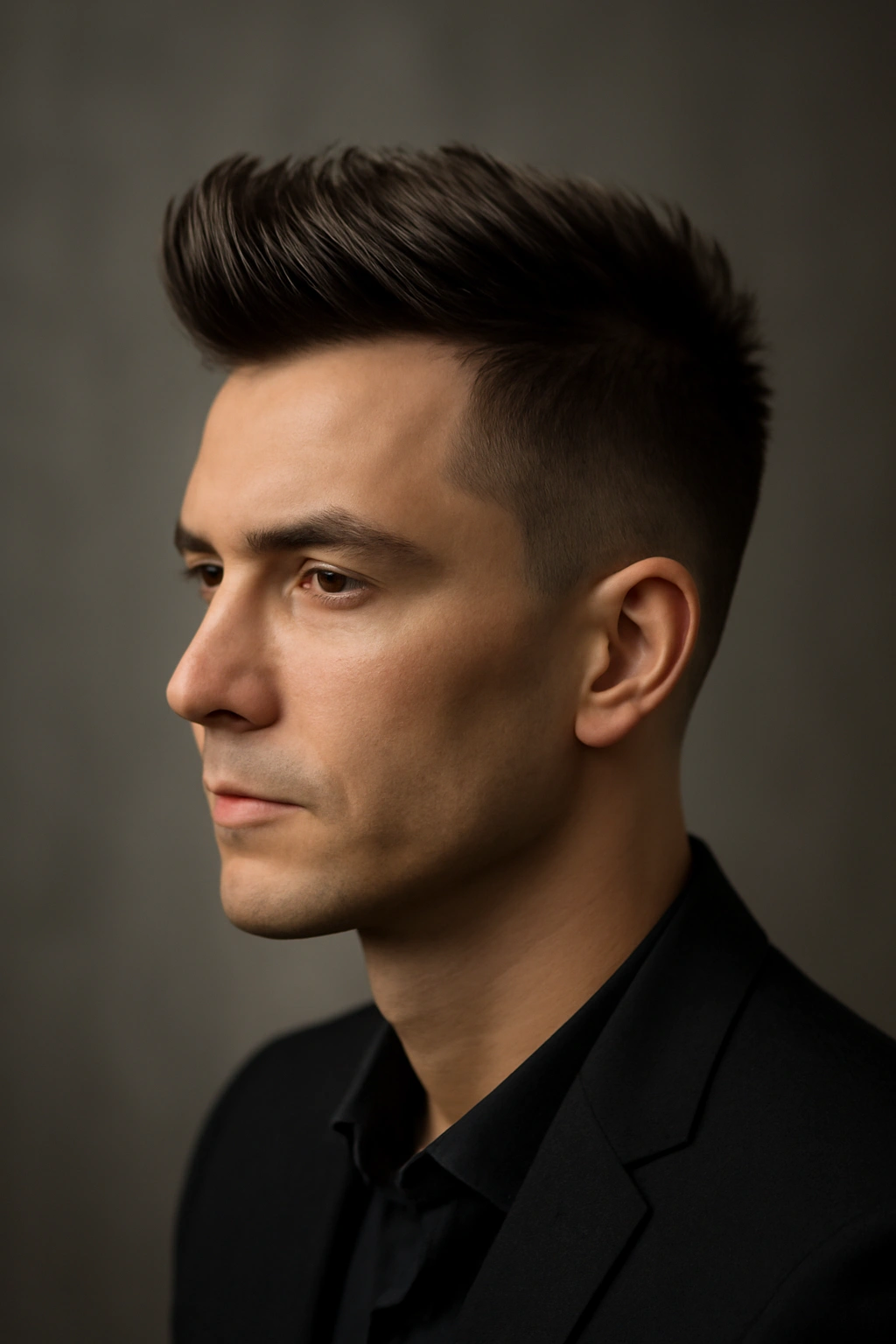 Short top faux hawk with upward-styled hair and tapered sides