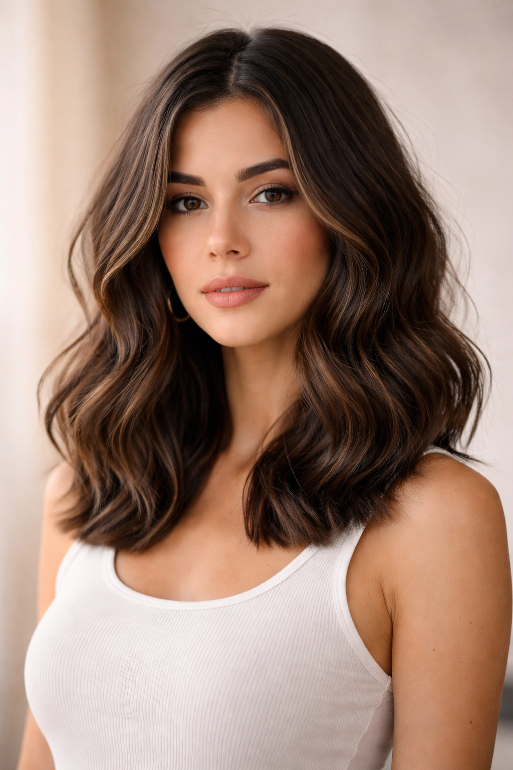 Portrait of a modern lob on thick waves with clean lines