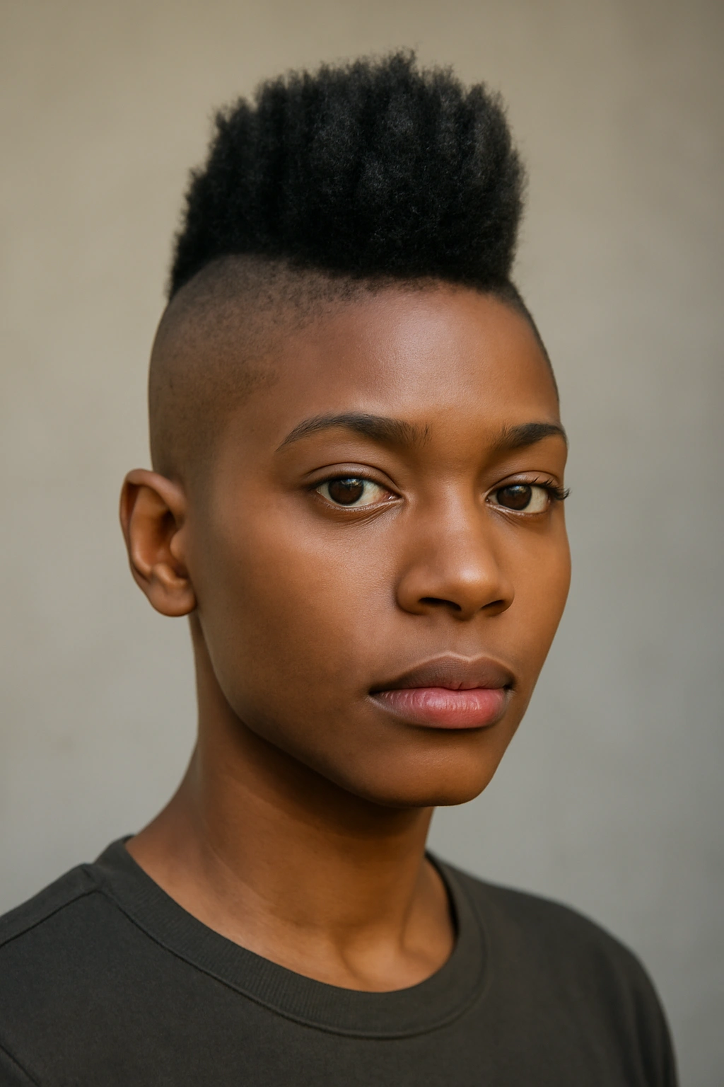 Close-up of a modern mohawk with a raised center strip and shaved sides