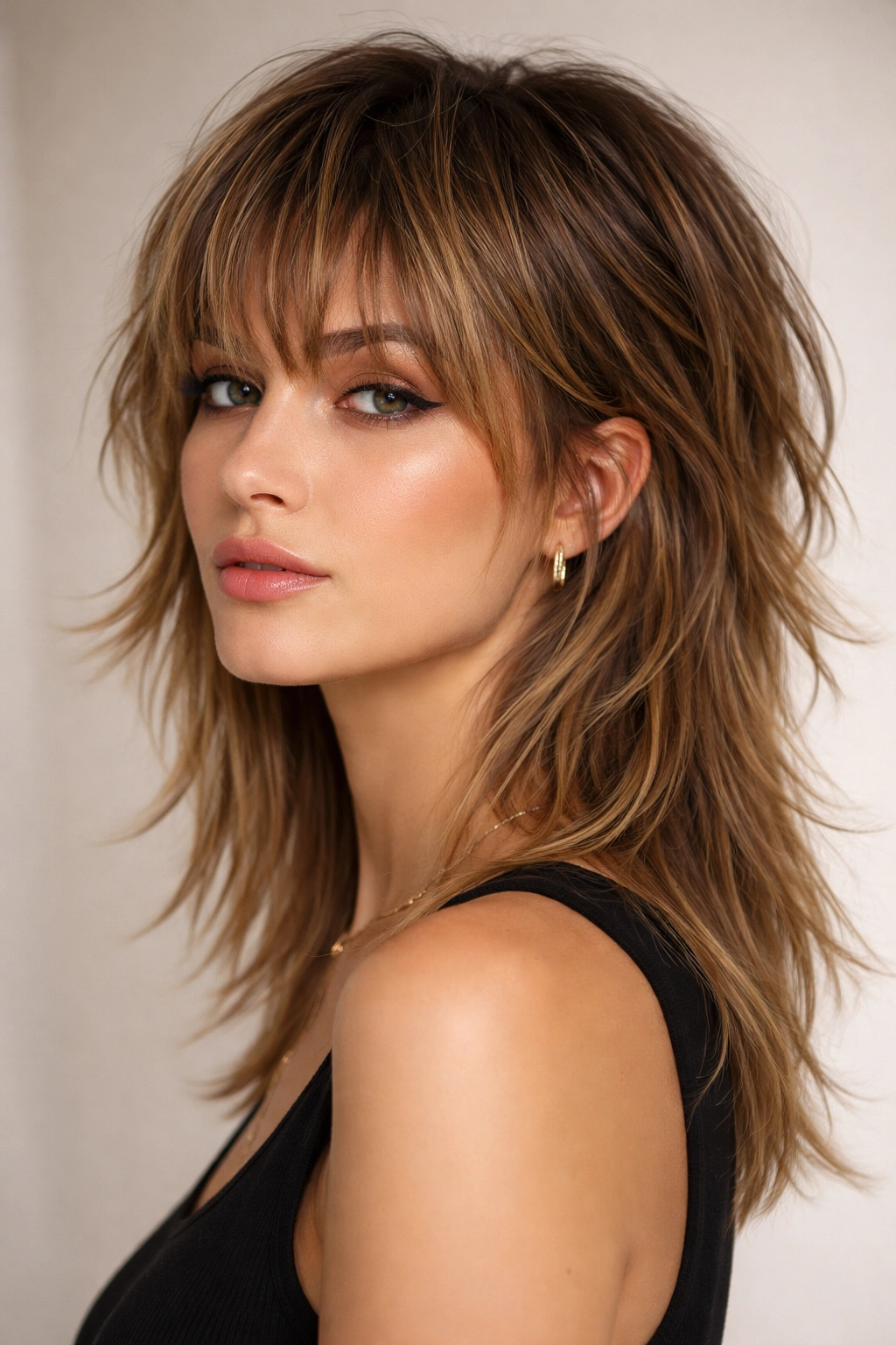 Modern mullet bob with short front and long back silhouette