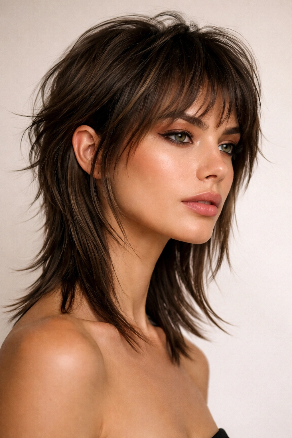 Diamond-faced model with modern mullet showing cheekbones