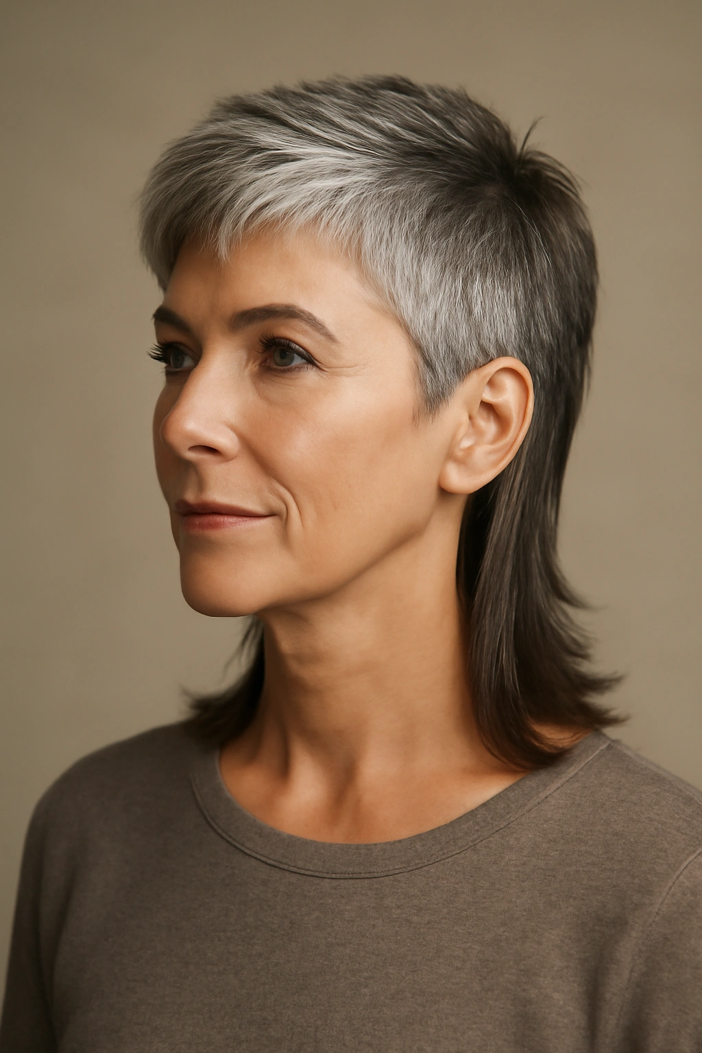 Portrait of a mature woman with a modern mullet showing textured top and long back