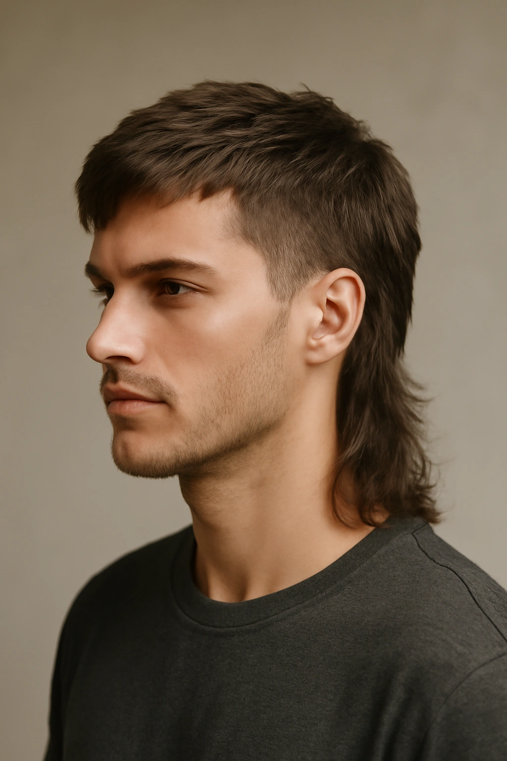 The Modern Mullet hairstyle with short front and long textured back on a model in studio