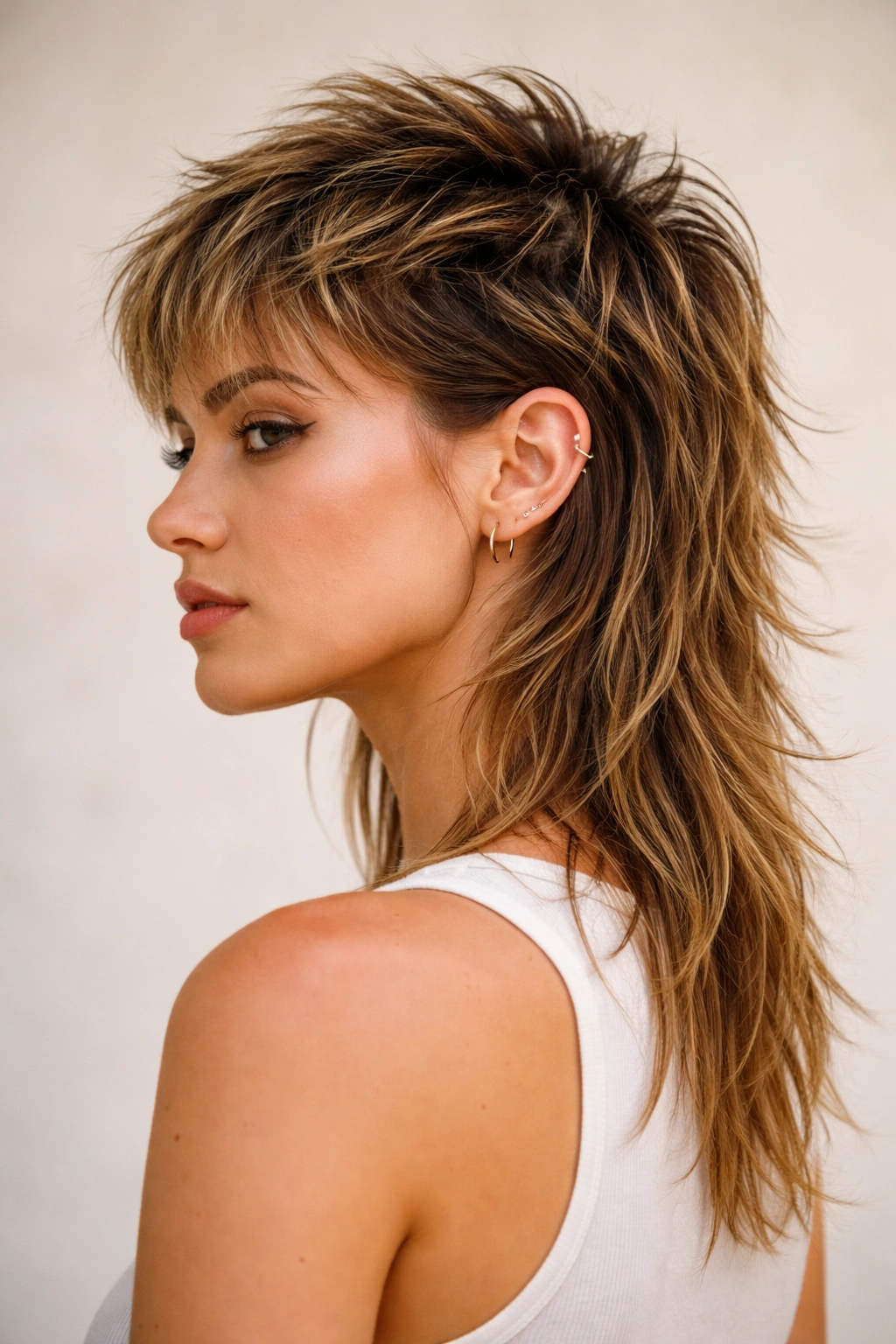 Three-quarter view of a modern mullet with short crown and longer back