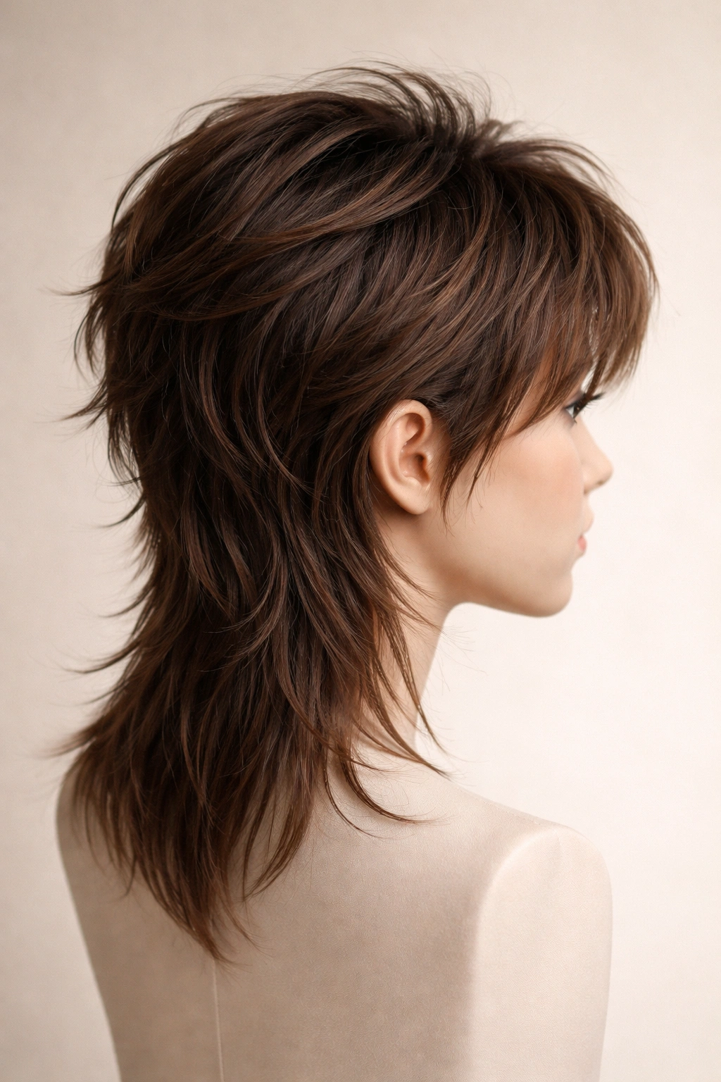 Modern mullet hairstyle with short top and longer back on a mannequin head