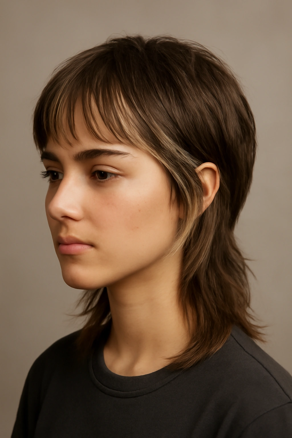 Modern mullet with fringe money pieces framing the face