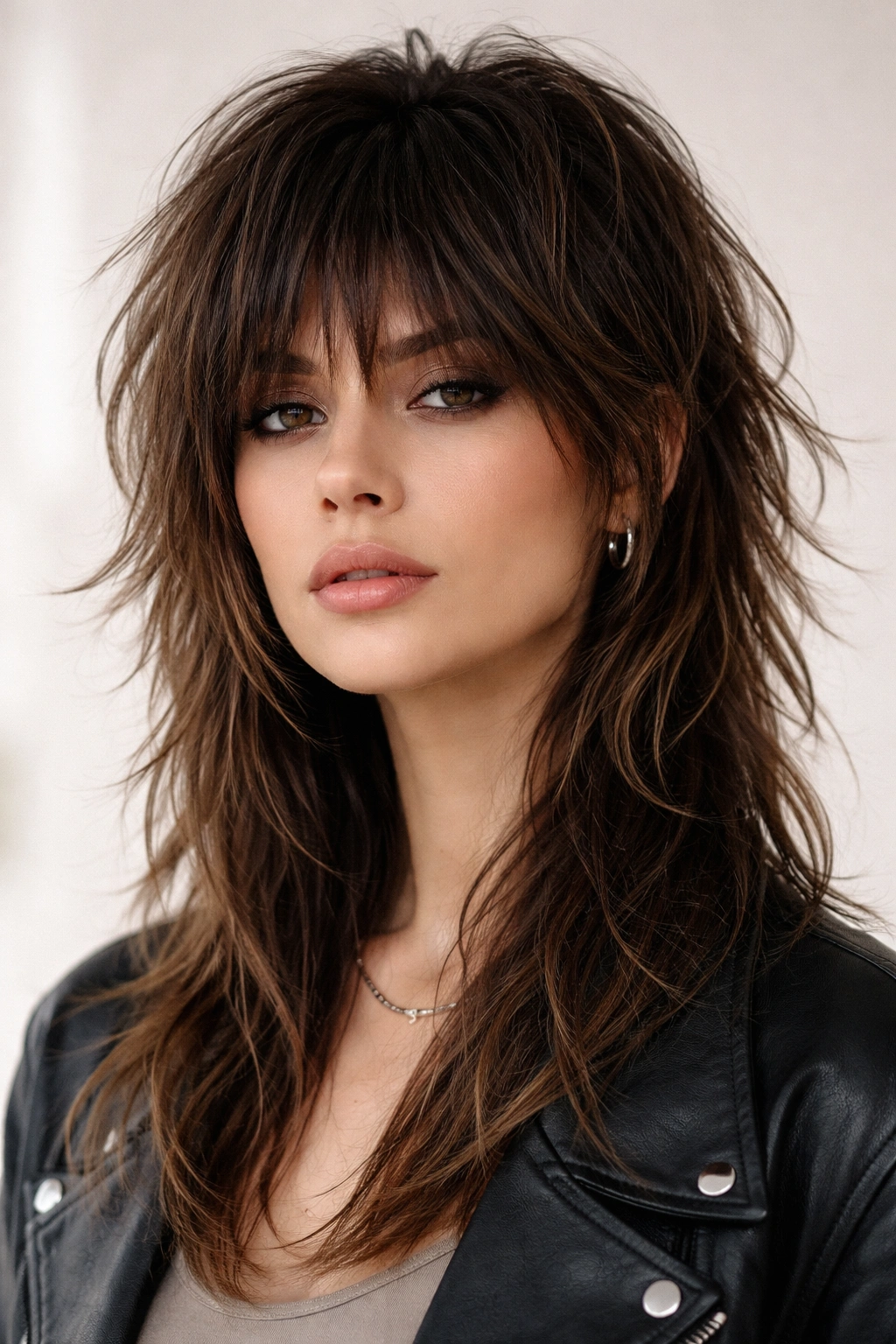 Portrait of modern mullet-inspired shag with long front and back and short top