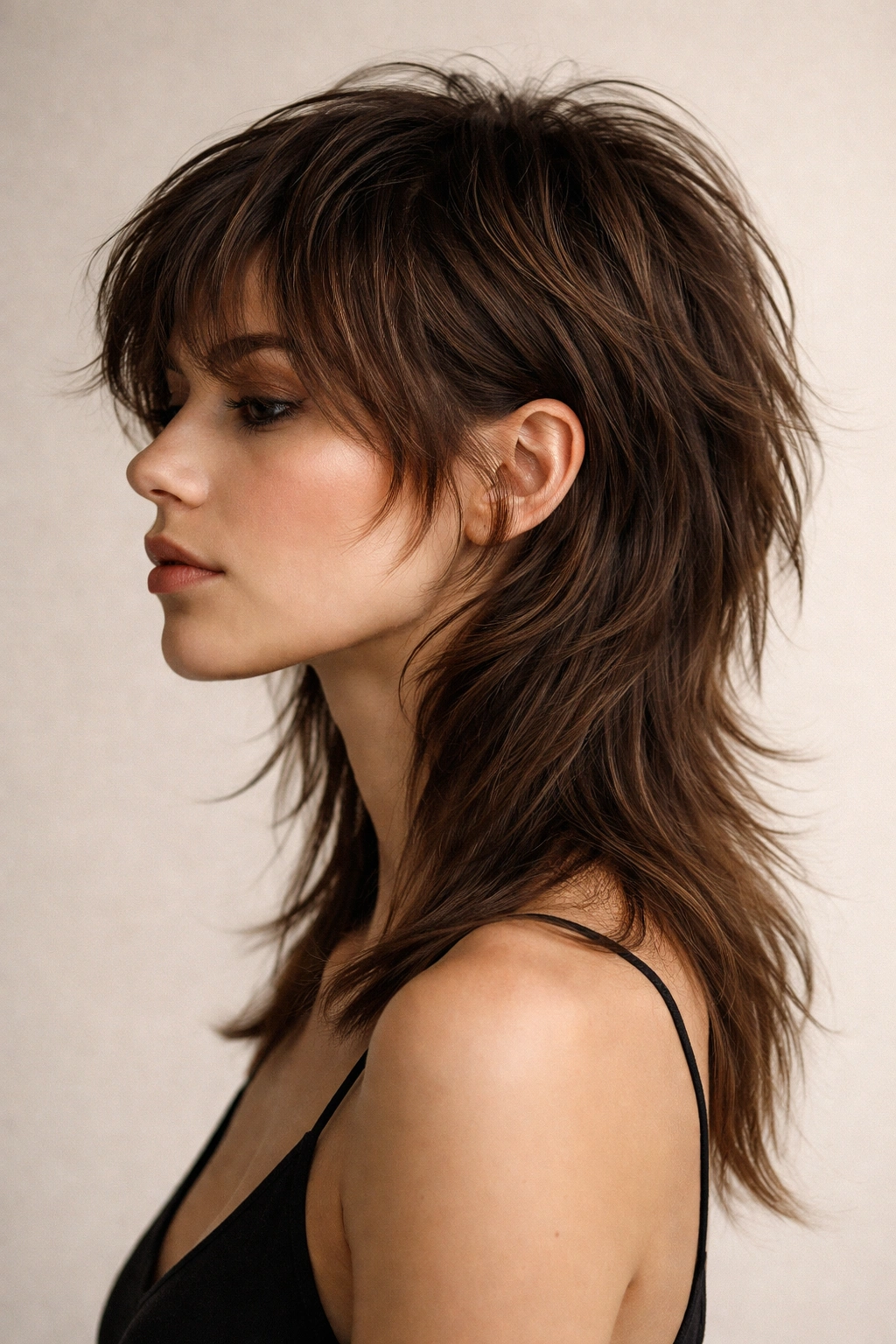 Modern mullet shag with short textured crown and longer back.