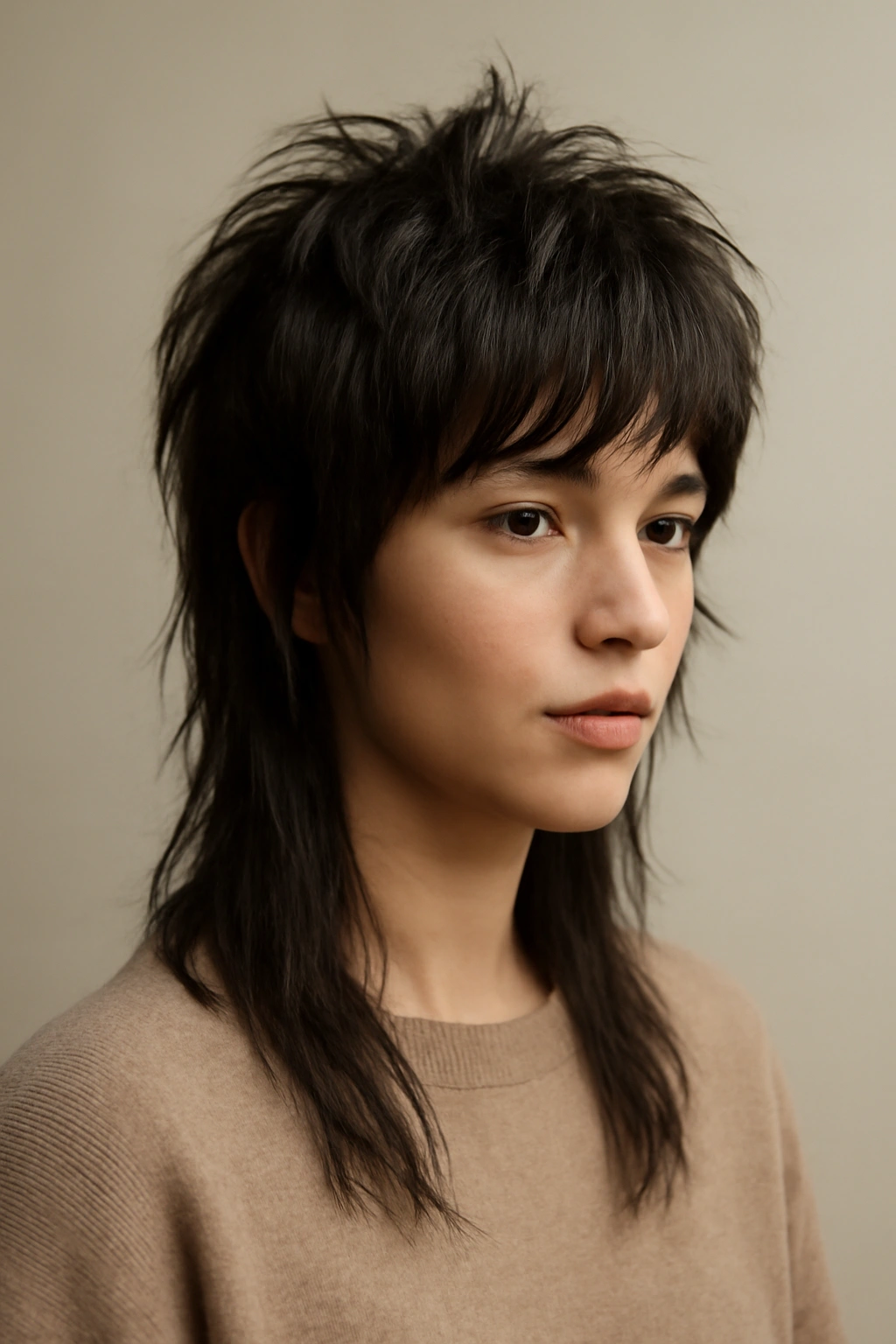 Three-quarter view of modern mullet shag showing short top and longer bottom