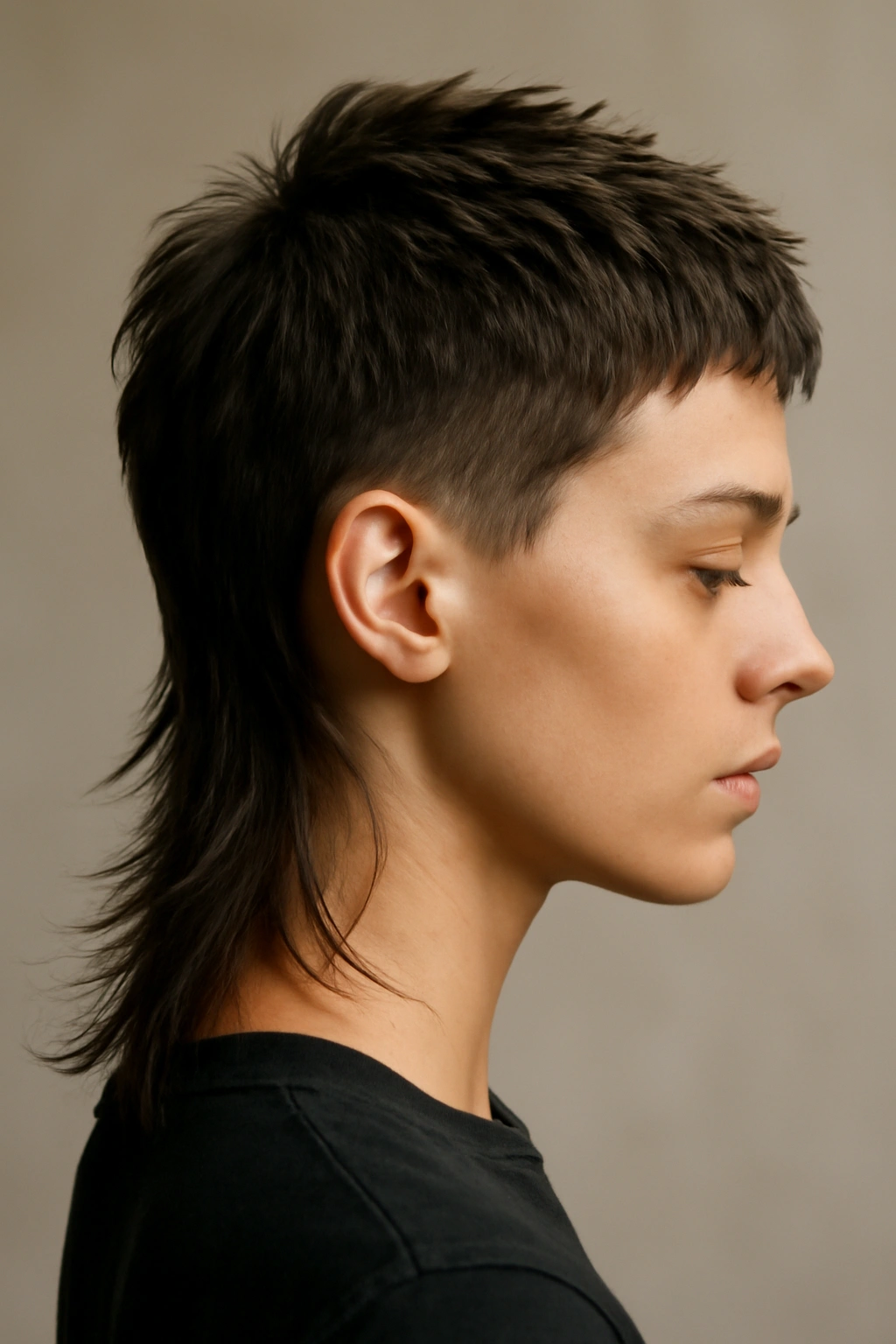 Three-quarter view of The Modern Mullet hairstyle with short top and long back