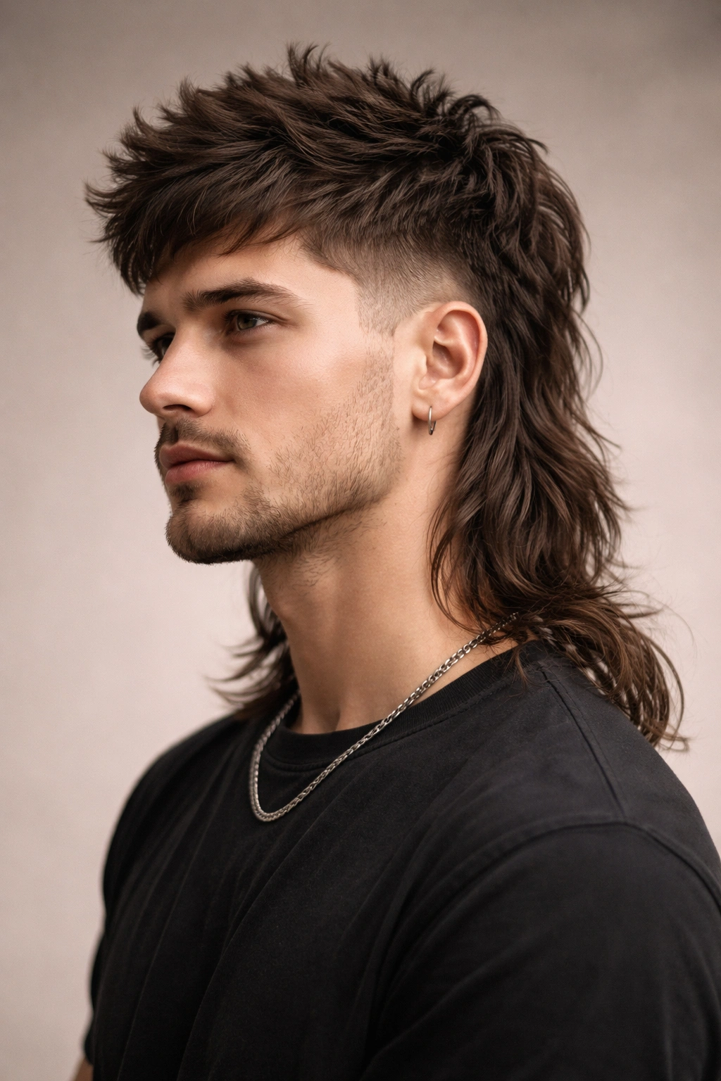 Modern mullet hairstyle with short textured crown and long bottom