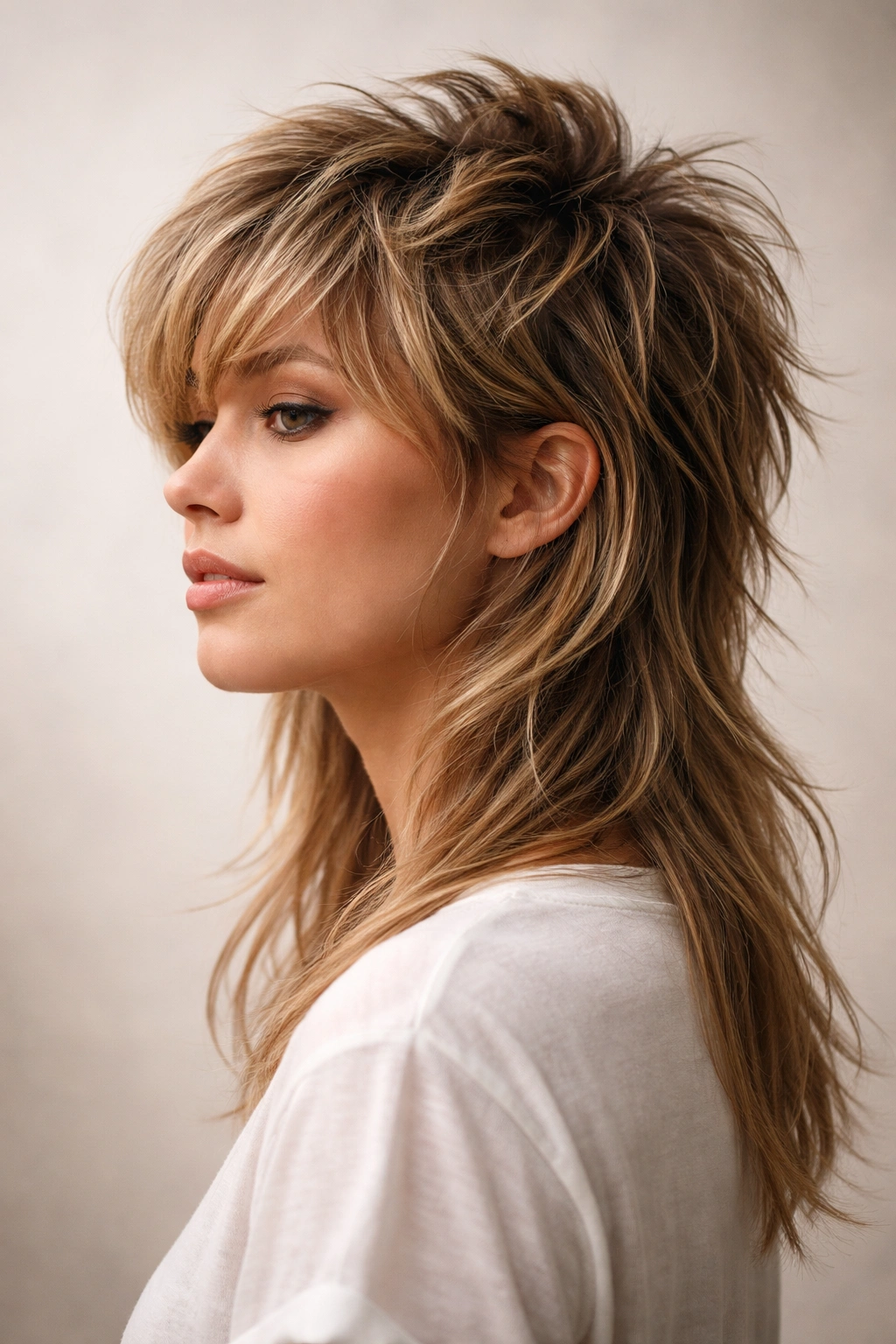 Modern mullet with textured top and longer back, viewed from side.