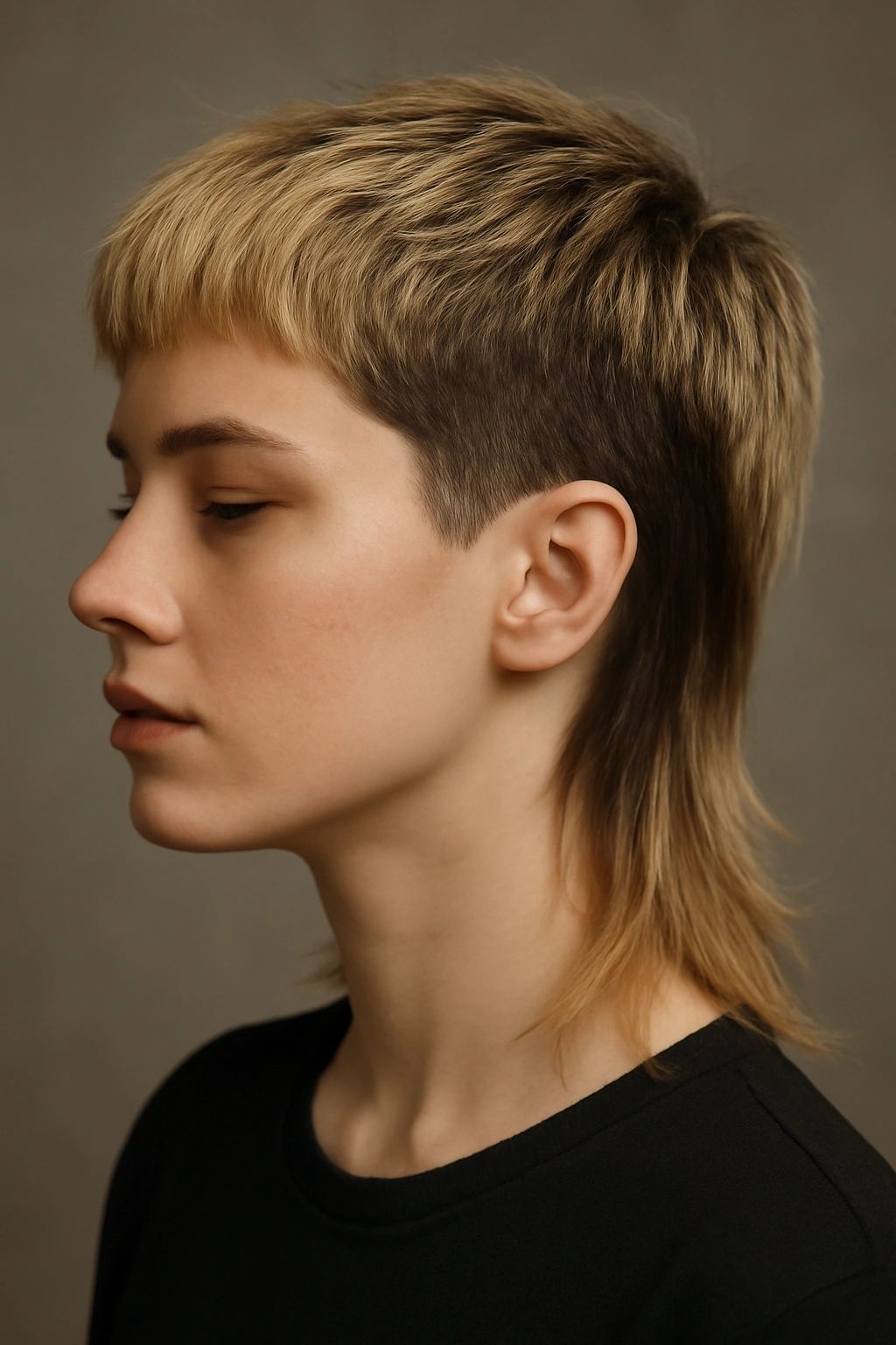 Head-and-shoulders view of a modern mullet with two-tone color showing dark underlayers and lightened top
