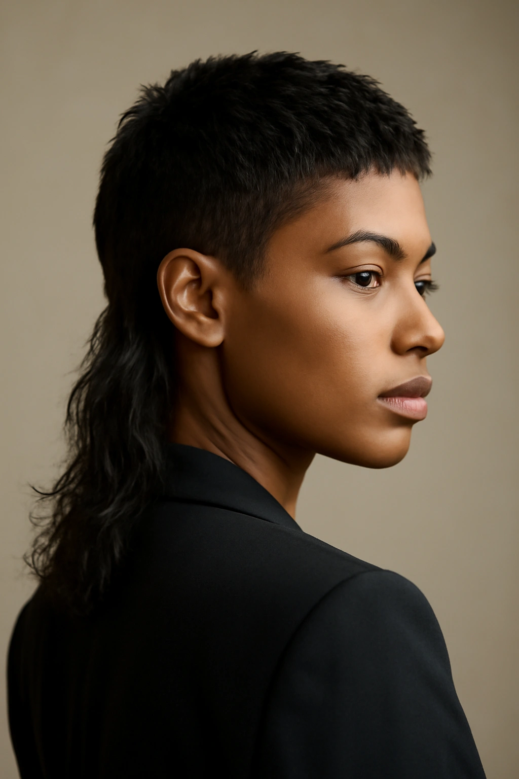 Portrait of a person with a modern mullet weave showing short front and longer back
