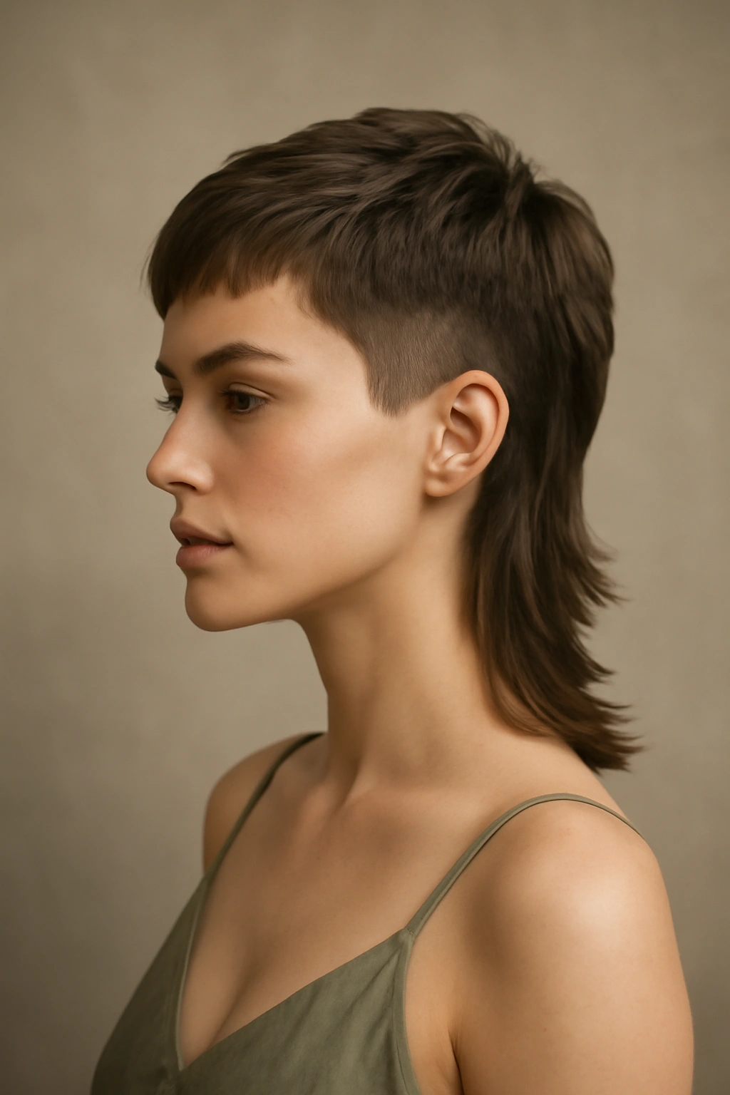 Bridesmaid with modern mullet hairstyle featuring short top and longer back