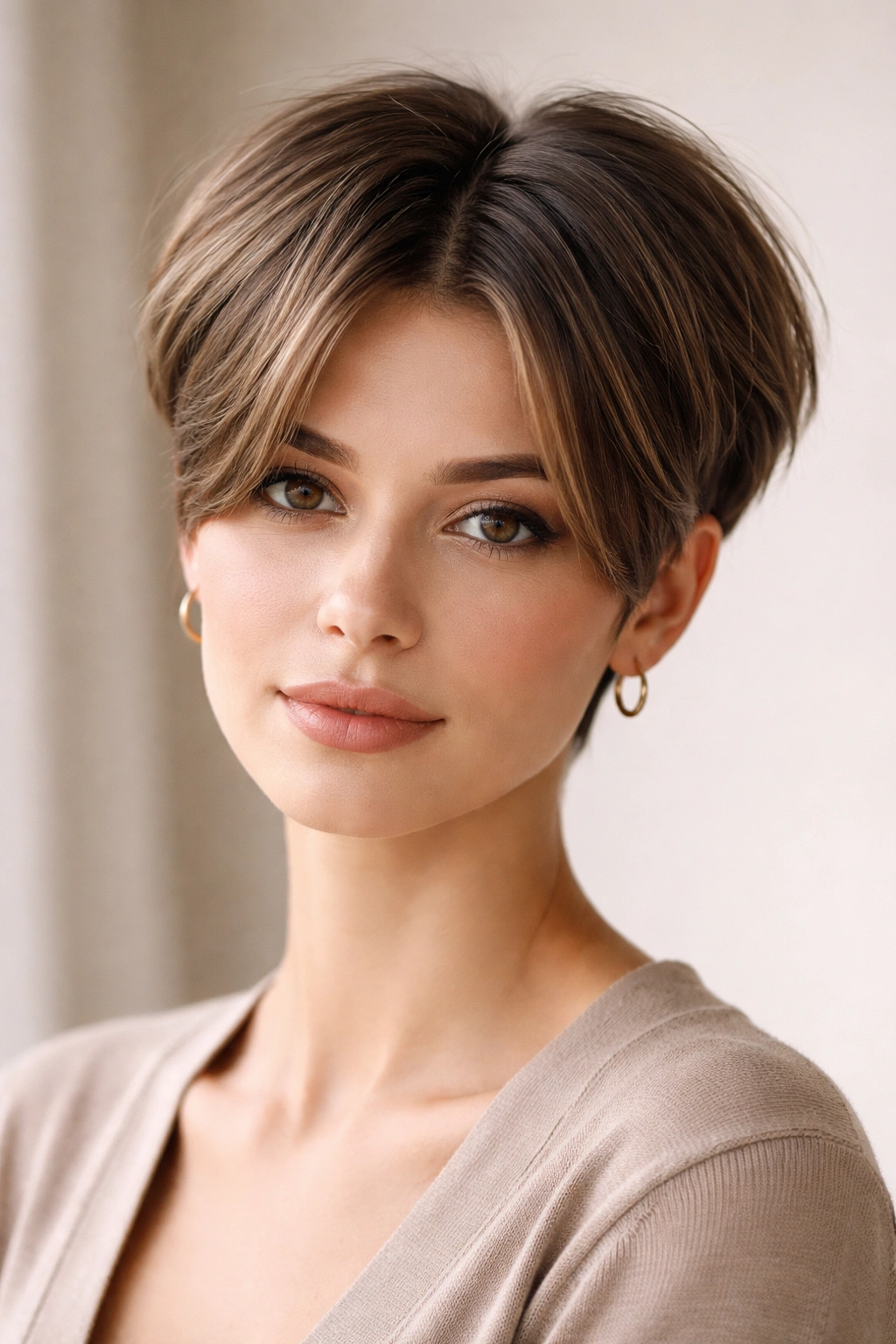 Close-up of a modern pixie with a longer crown and middle part.