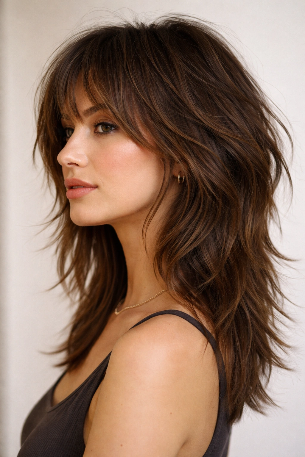 Portrait of modern shag with longer back layers and shorter front for face-framing