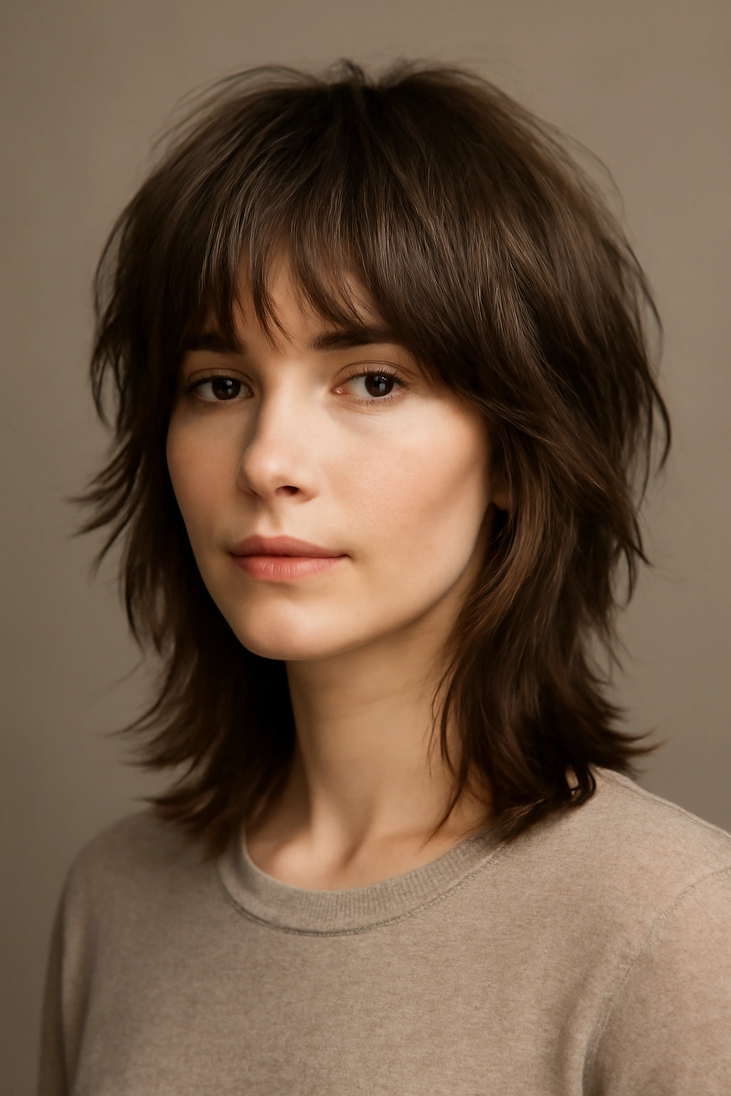 Modern shag hairstyle with wispy bangs integrated into top layers