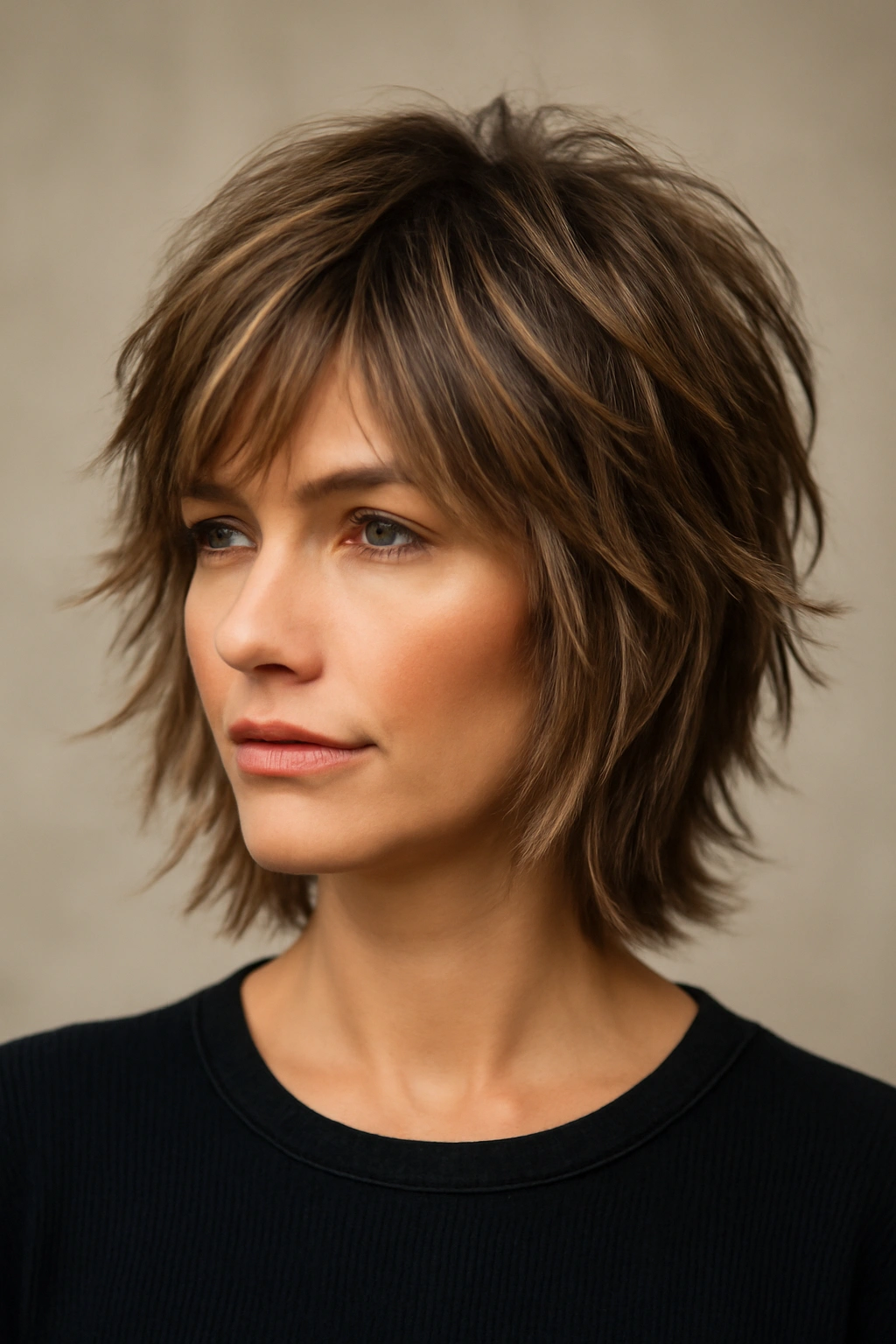 Modern shag hairstyle with dimensional highlights on layered hair