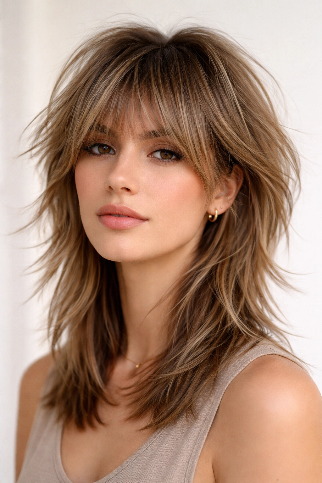 Model with modern shag and disconnected layers showing top short and bottom long pieces.