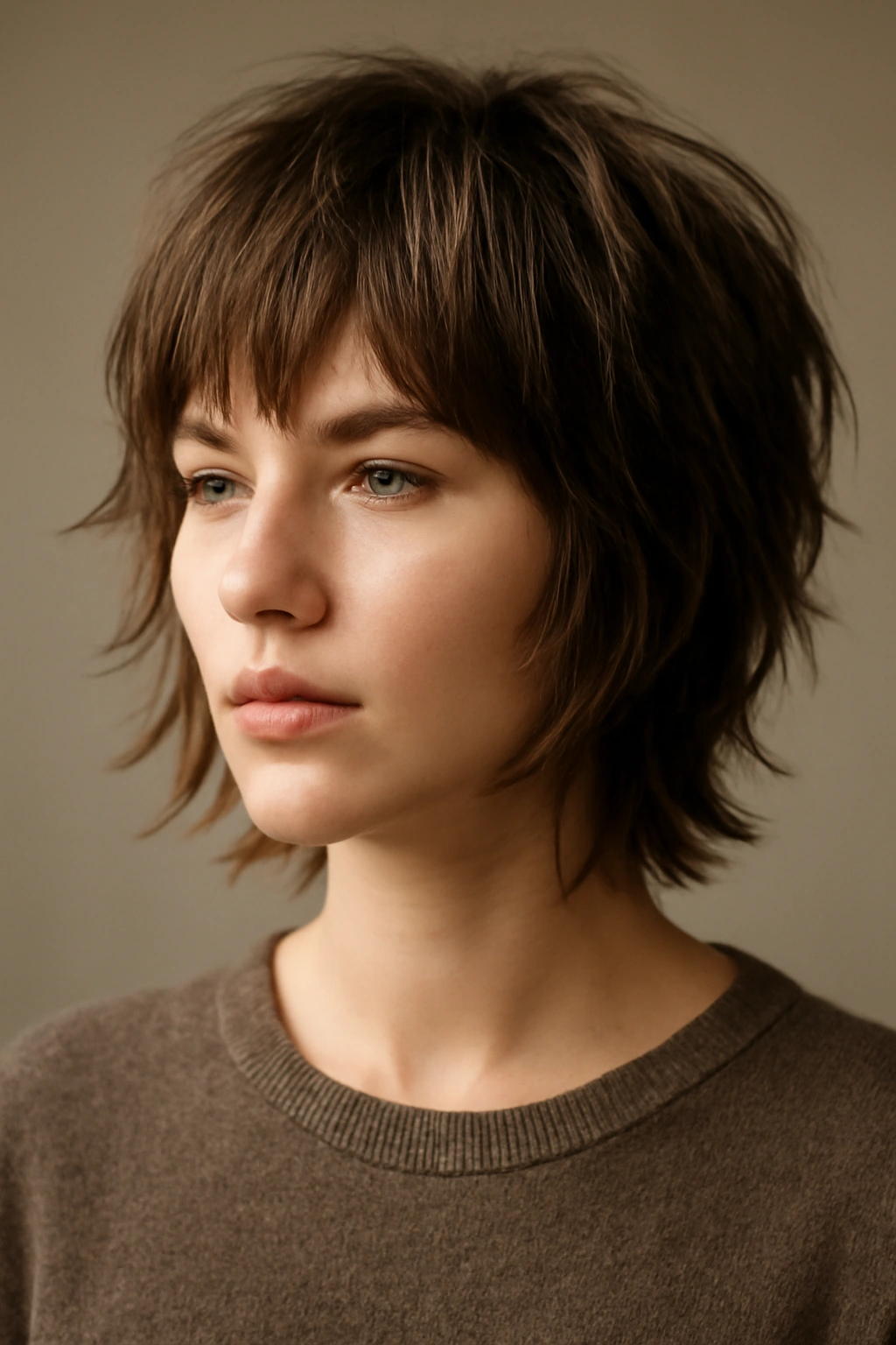 Close-up of modern shag with feathered fringe