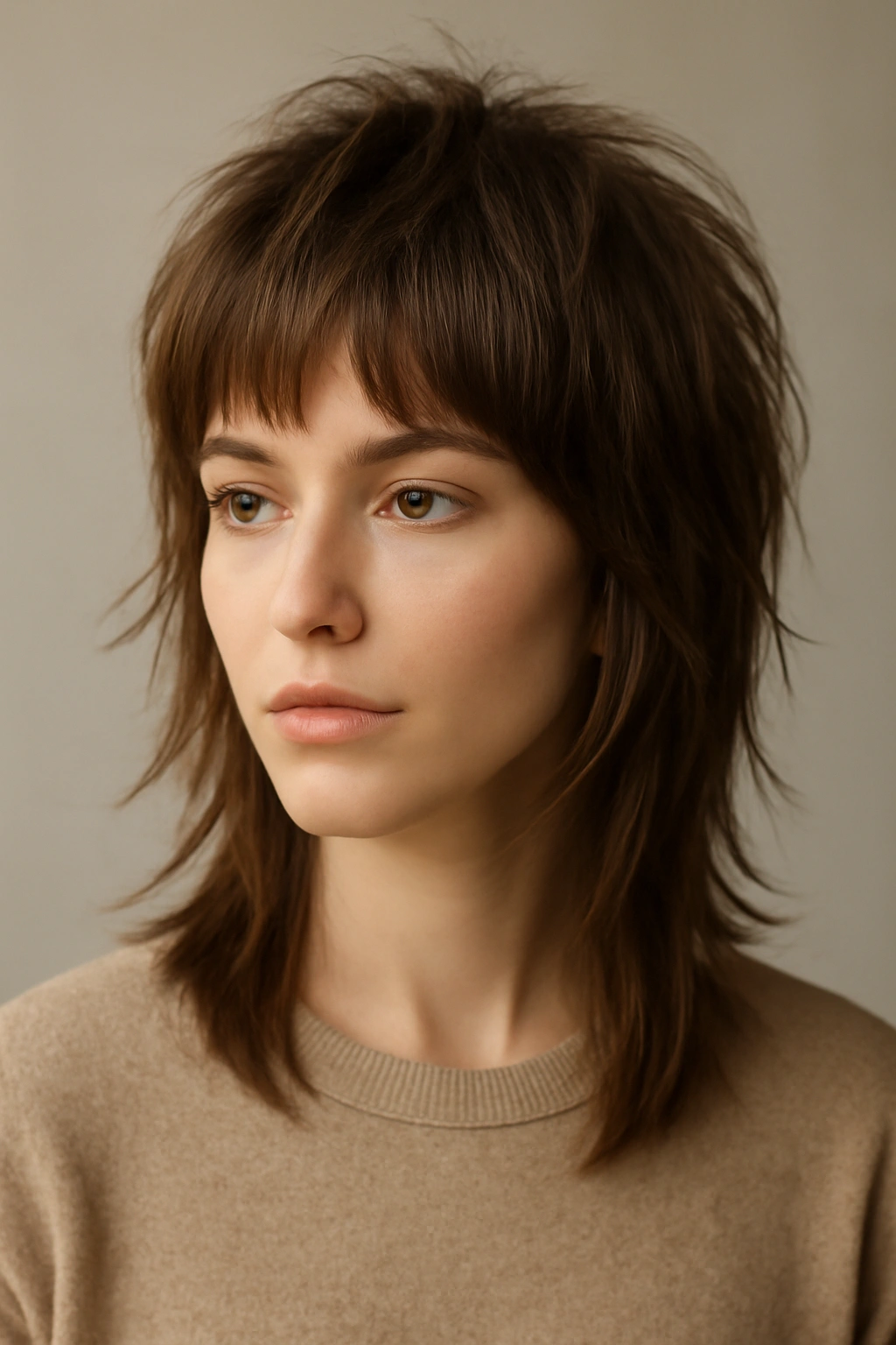 Close-up of a modern shag on medium-fine hair with lift and blended layers