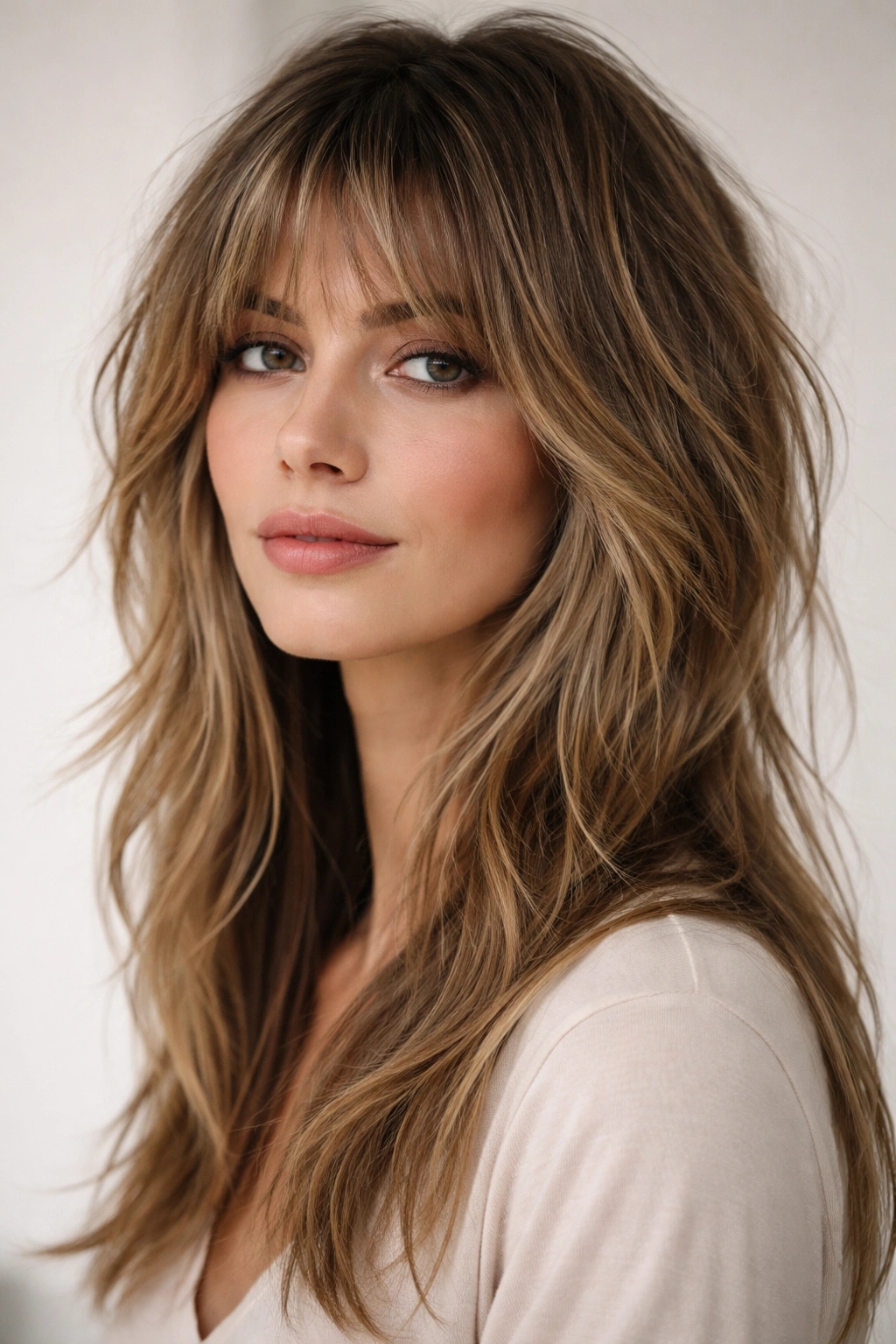 Full head portrait of a modern shag with integrated fringe and choppy layers