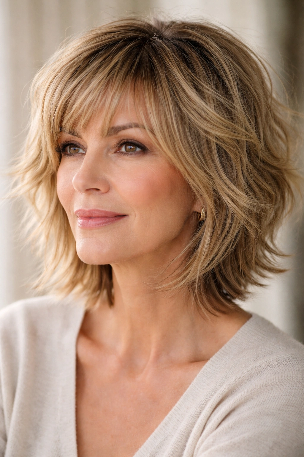 Three-quarter view of a modern shag hairstyle with soft, choppy layers around chin length.