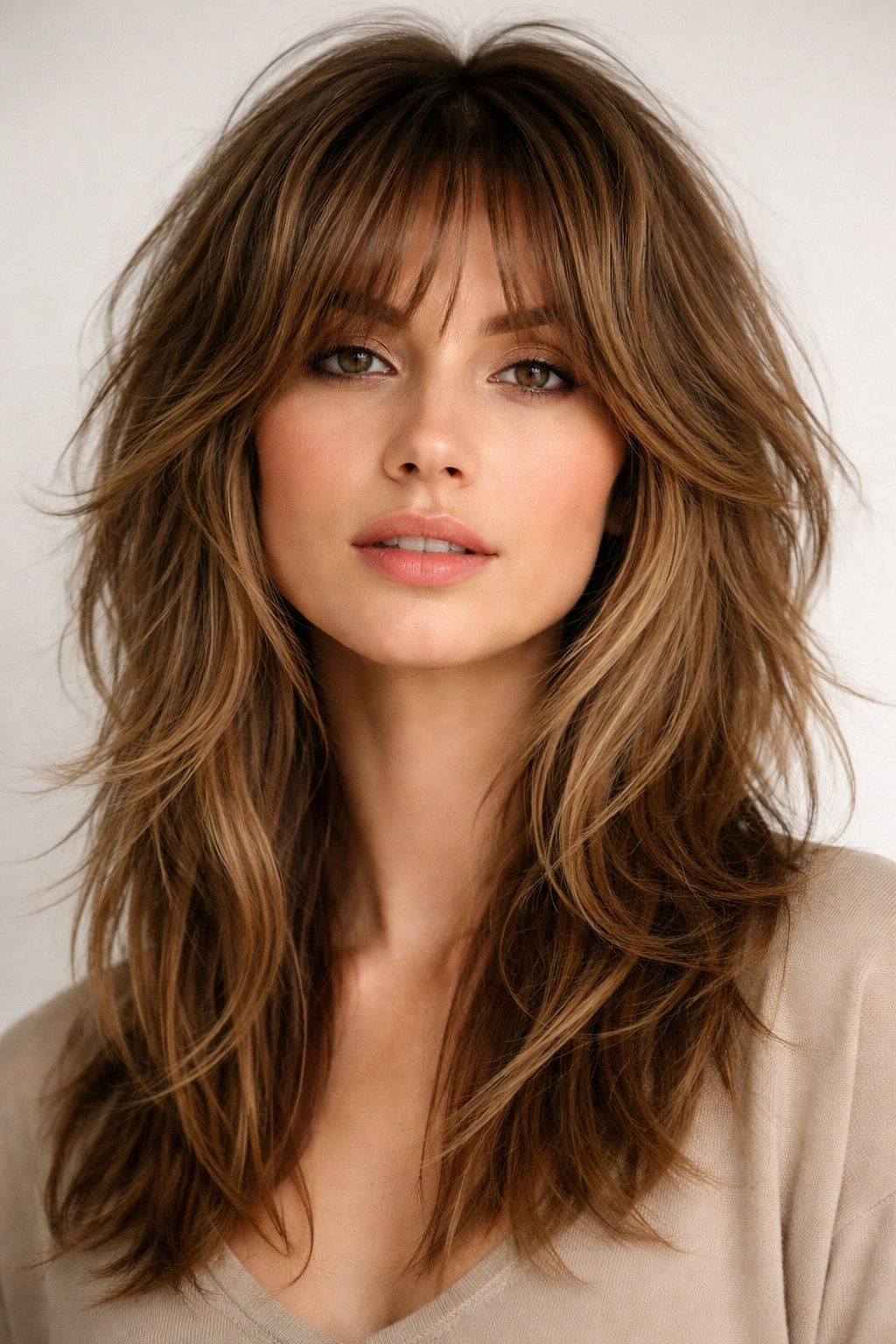 Mannequin head styled in a modern shag with crown volume and cheekbone-face framing layers