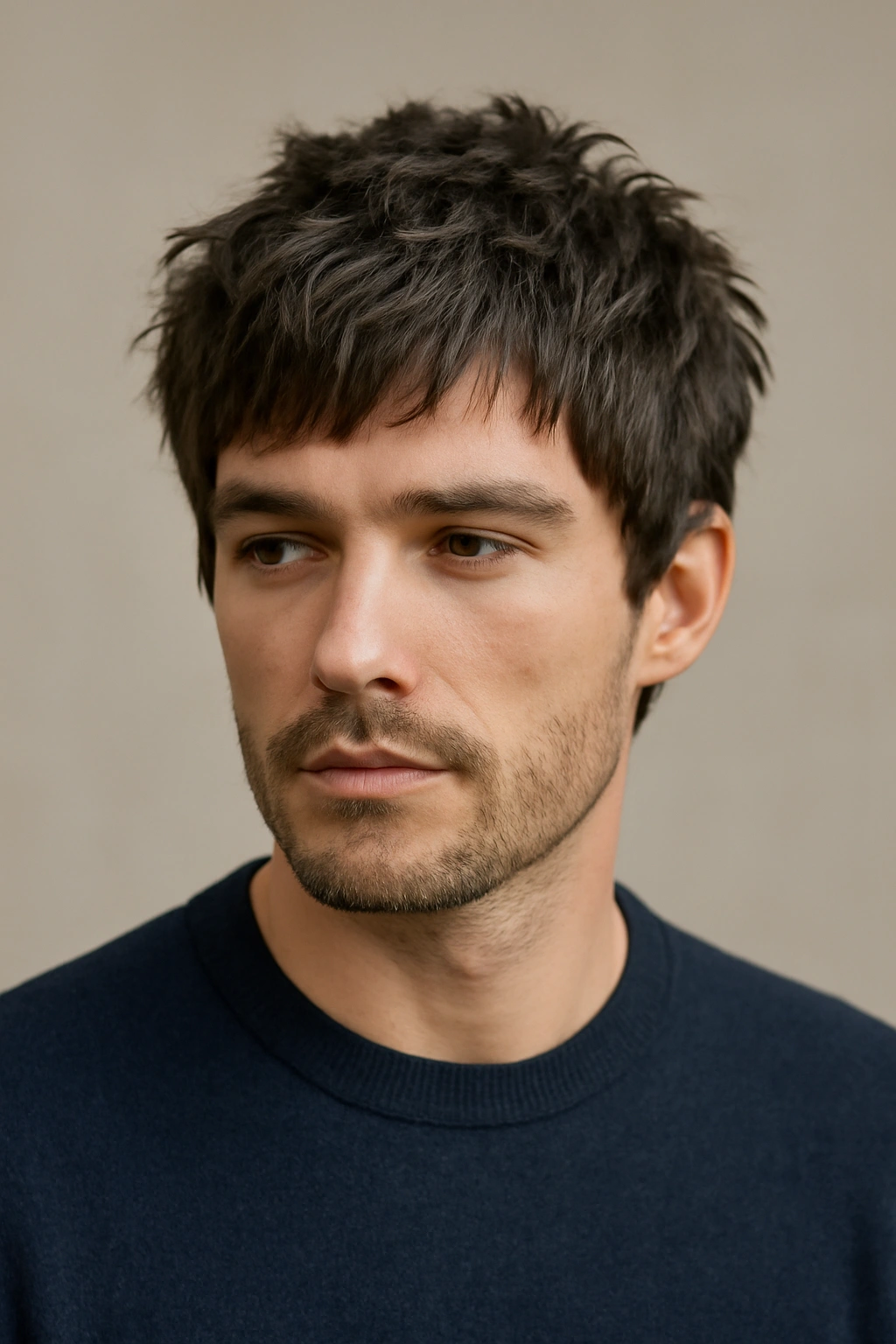 Man with modern shag hairstyle featuring choppy textured layers and undone style