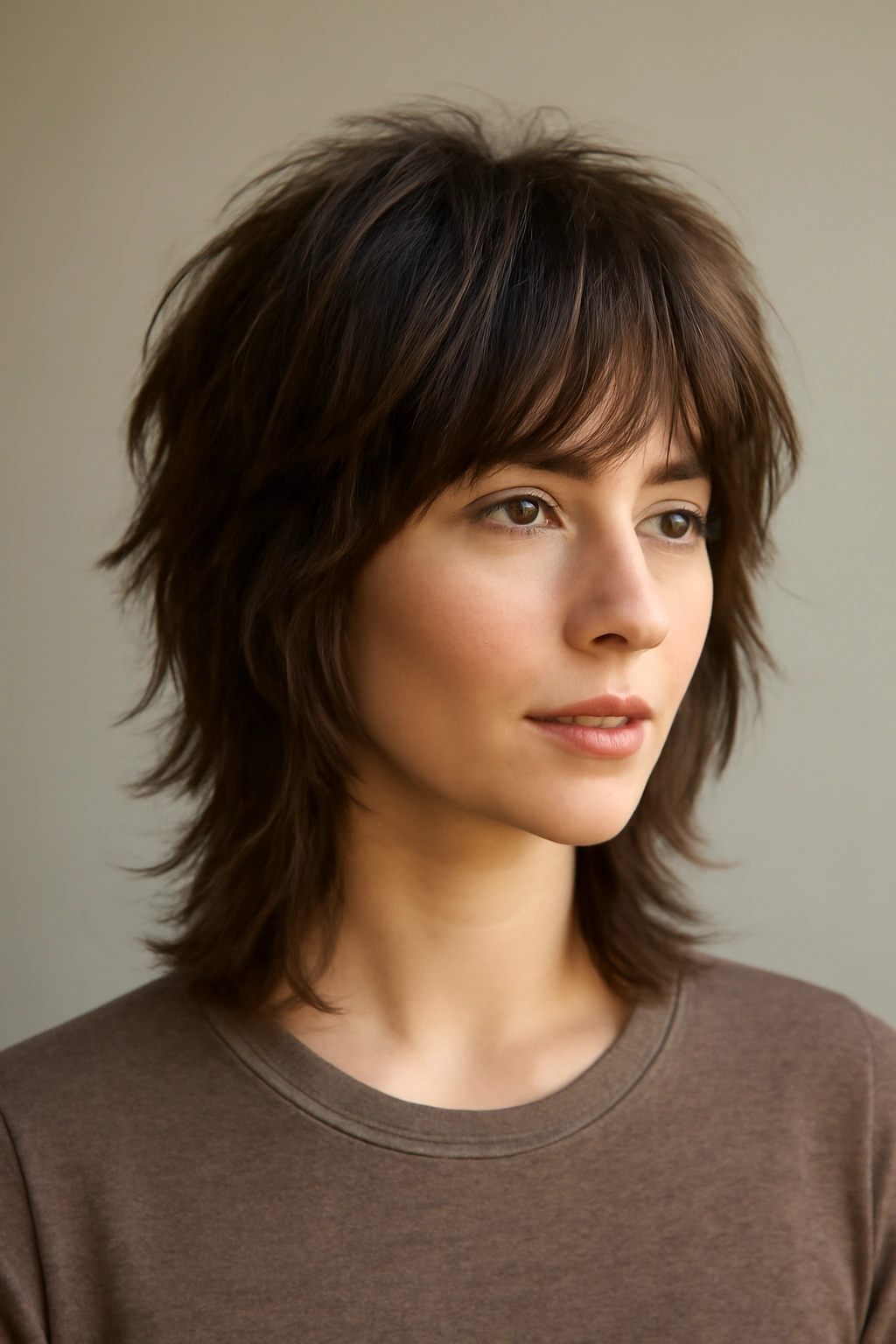 Portrait of a person with a modern shag haircut showing layered texture
