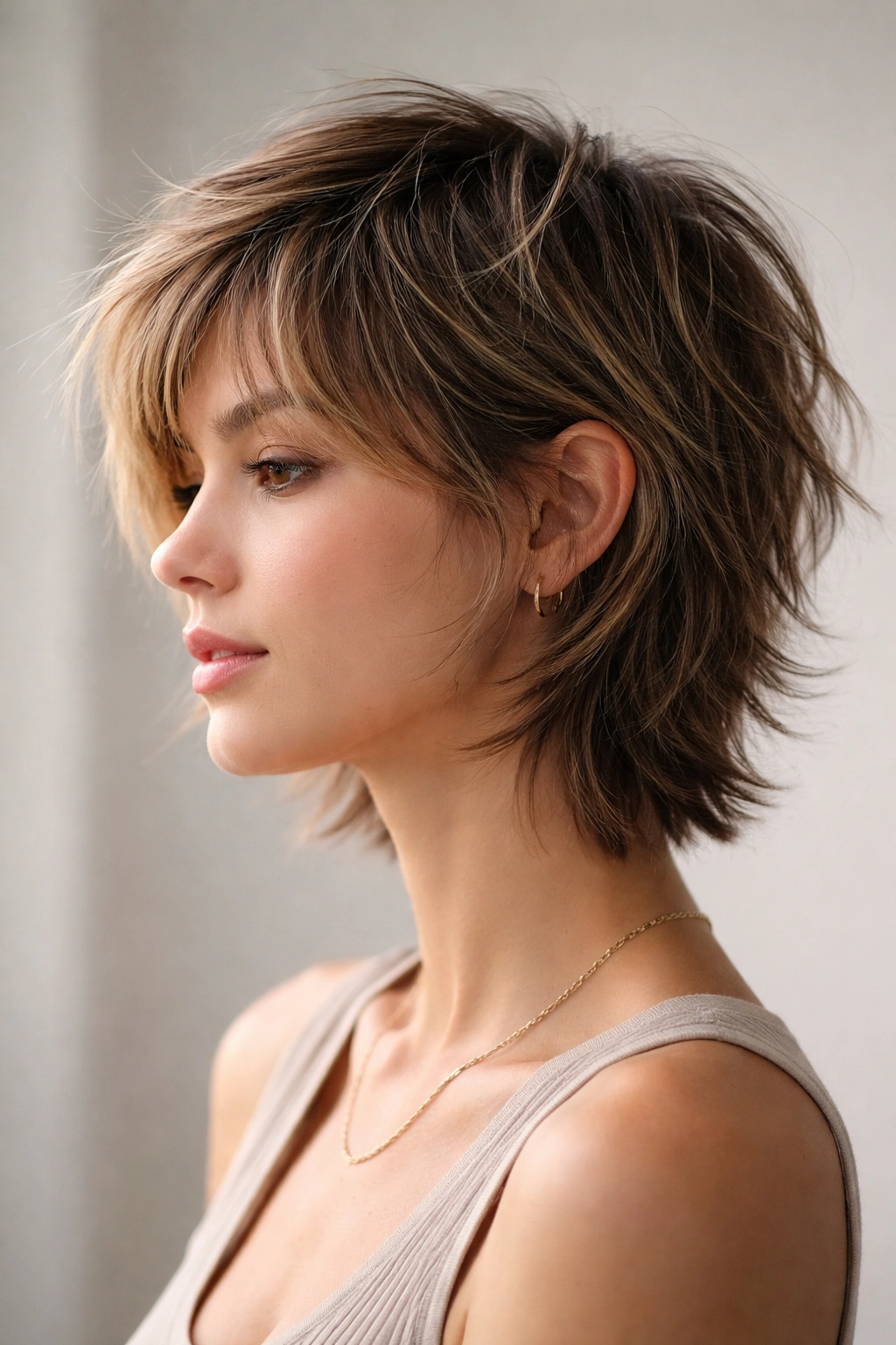 Side-profile portrait showing a modern shag with layered texture from ear length
