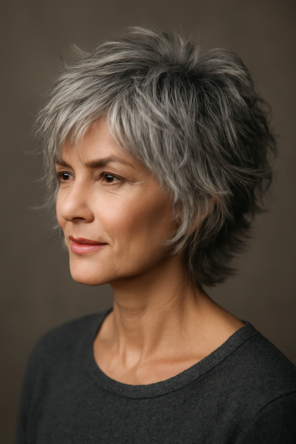 Layered shag hairstyle with volume and gray hair texture