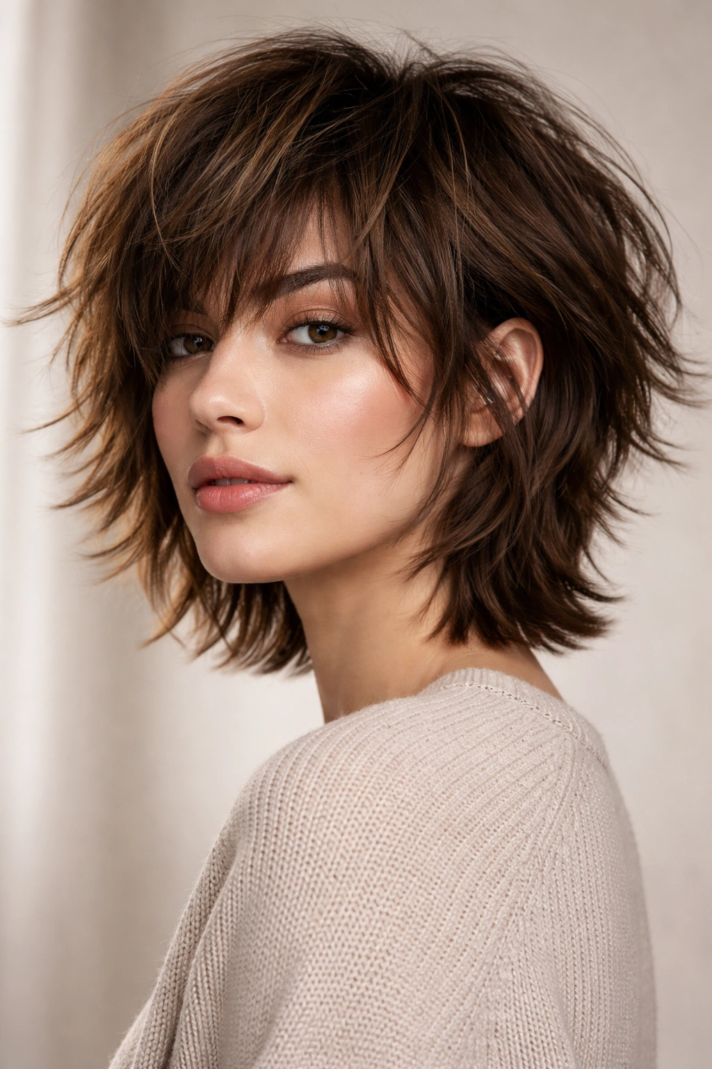 Portrait of a person with a modern shag hairstyle with textured layers