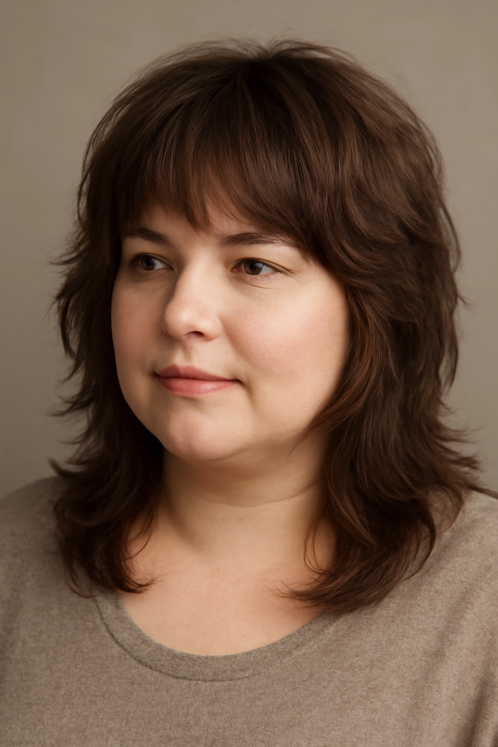 Close-up portrait of a plus-size woman showcasing The Modern Shag with Longer Layers hairstyle