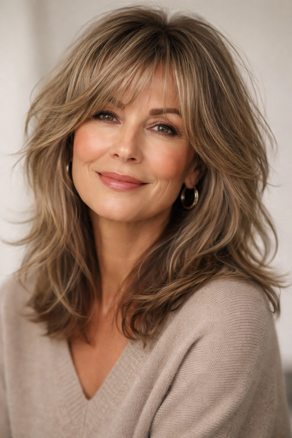 Close-up of a mature woman with a modern shag showing blended layers and face-framing texture