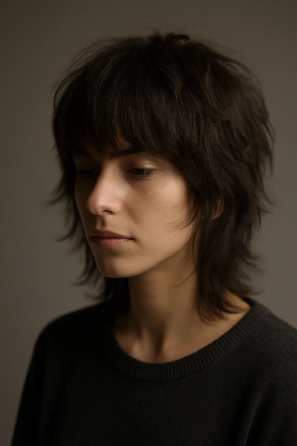 Contemplative portrait of a person with a modern shag haircut under soft moody lighting