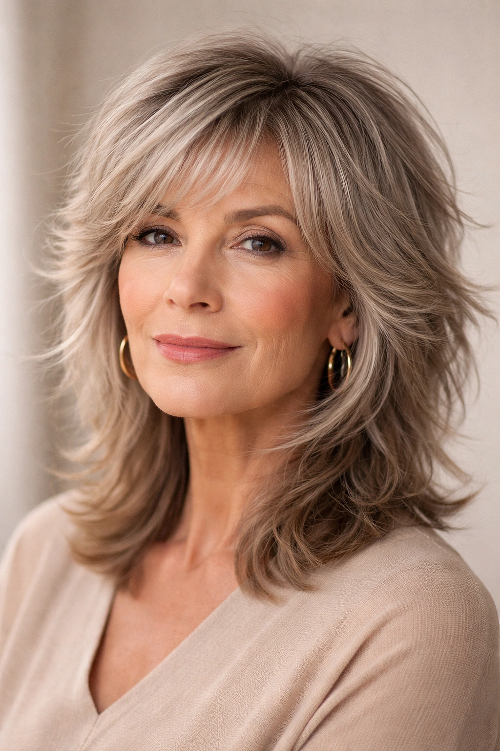Close-up portrait of a mature woman with a modern shag haircut showing textured layers.