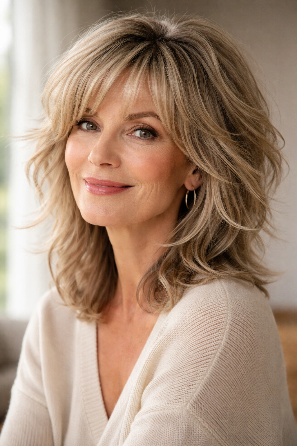 Medium shot of a woman with modern shag and subtle waves
