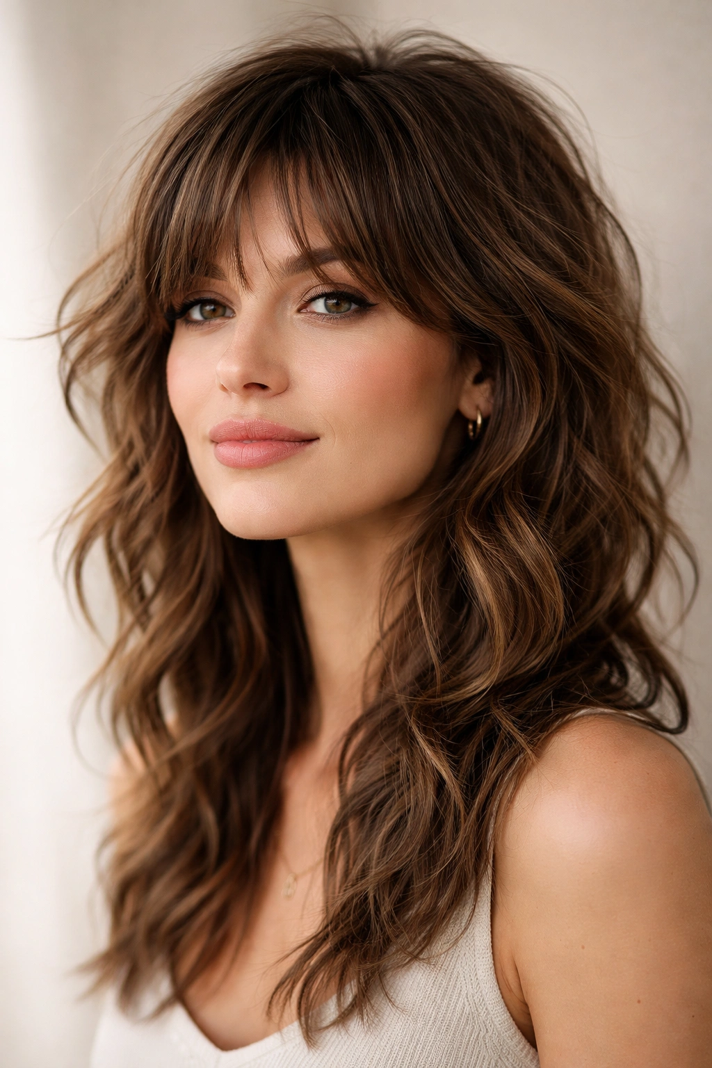 Portrait of a model with a modern shag haircut featuring layered waves and texture.
