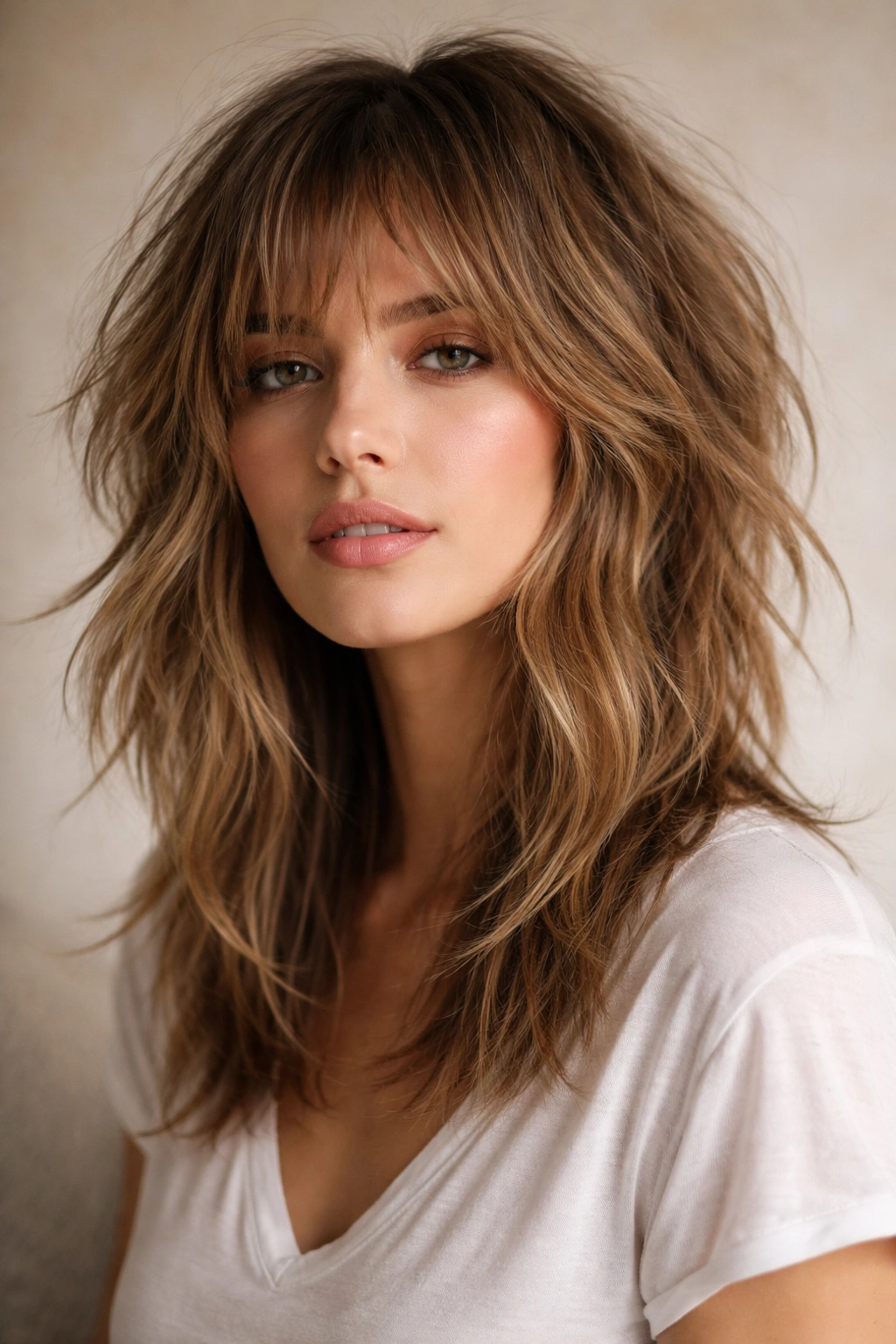 Portrait of a person with modern tousled shag showing undone layered texture