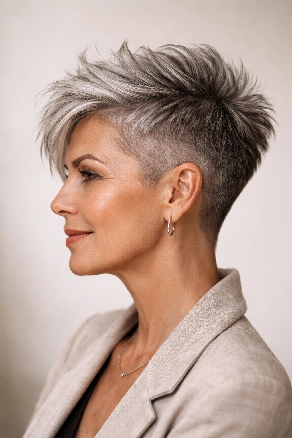 Profile of a mature woman with a modern undercut and longer textured top.