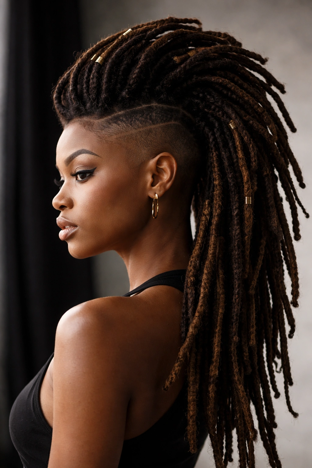 Dreadlock mohawk with shaved sides and crown locs, bold silhouette