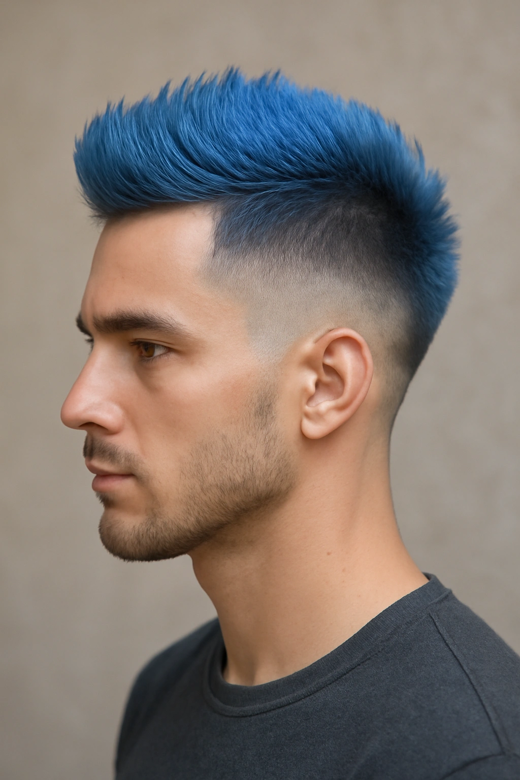 Mohawk-fade hybrid with blue-to-silver ombre on center hair and faded sides.