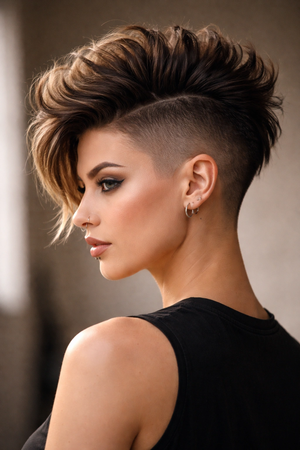 Portrait of a woman with a Mohawk fade and textured crown showing a long central strip