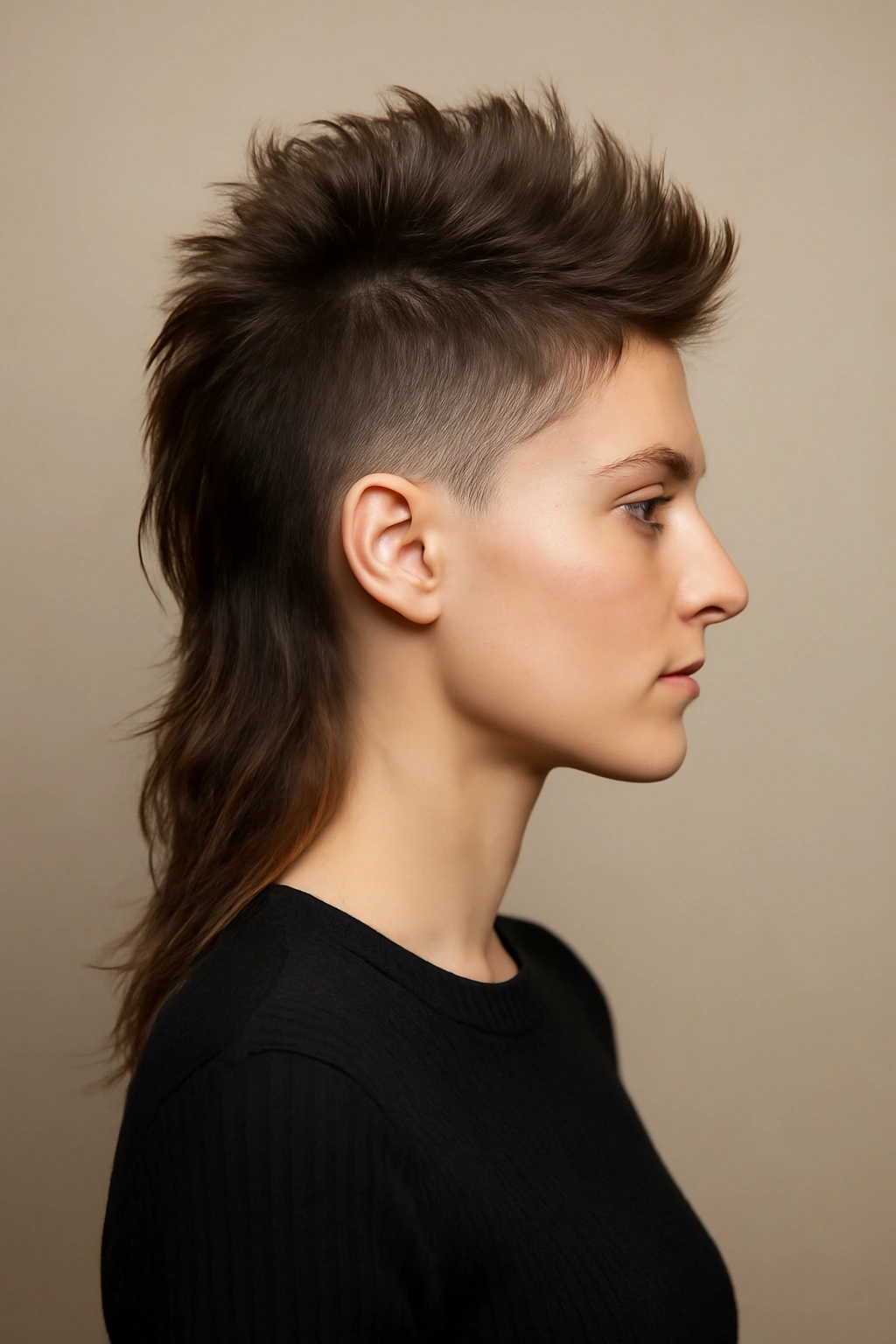 Mohawk mullet fusion with raised center stripe and tapered sides in studio portrait
