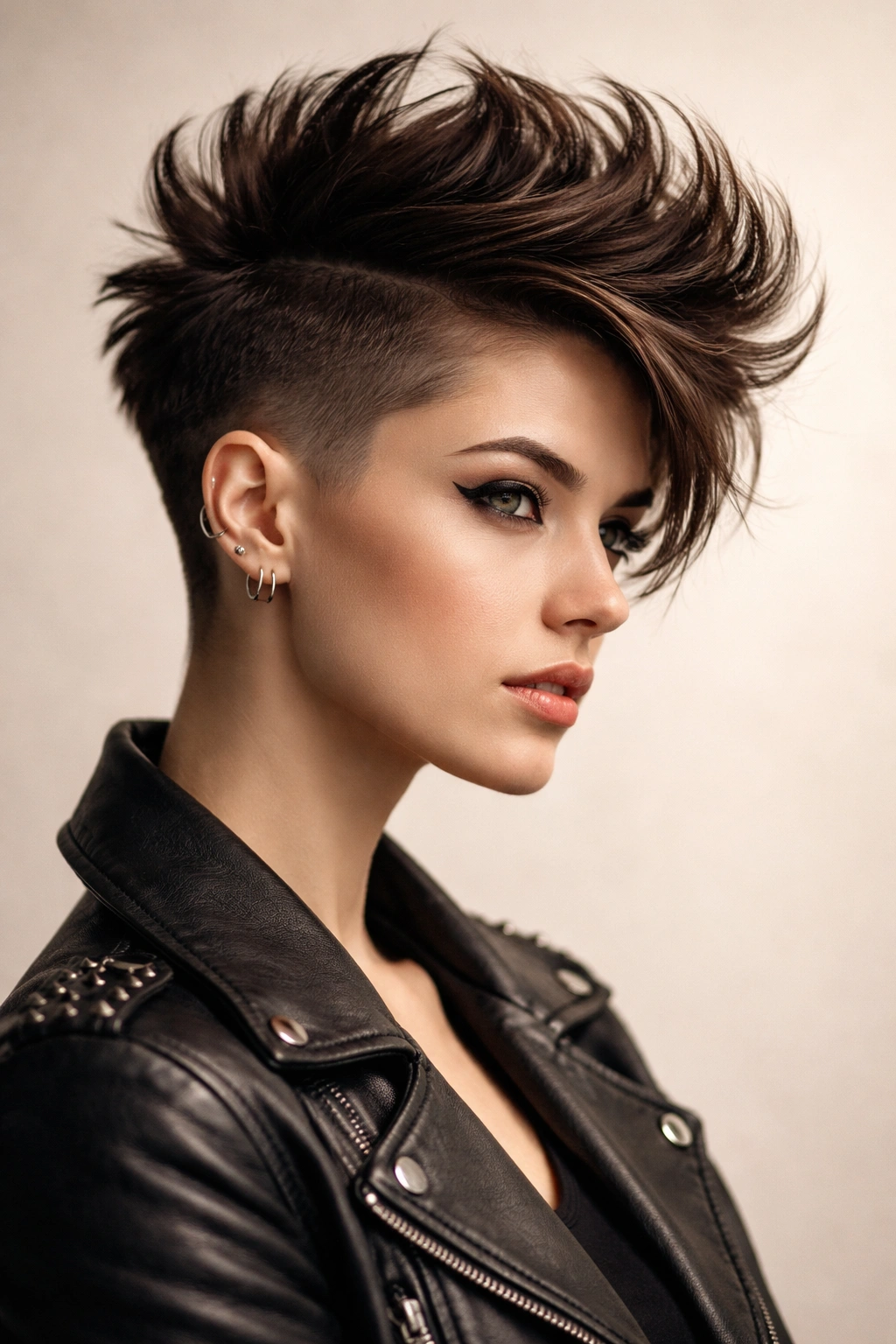 Portrait of a model with very short sides and a tall, voluminous top mohawk pixie