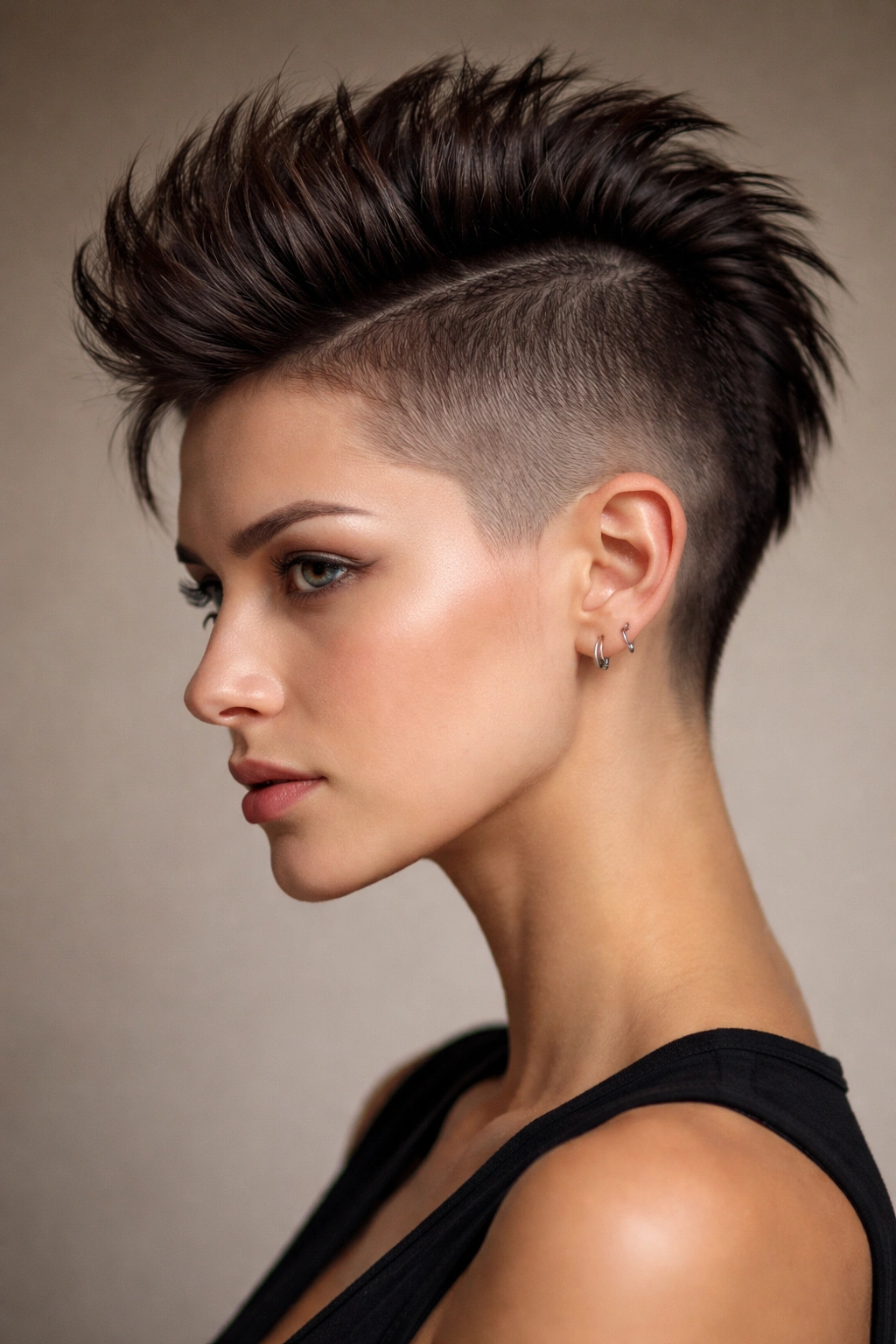 Close-up of The Mohawk Shaved Pixie showing a ridge of longer hair from forehead to nape with shaved sides.