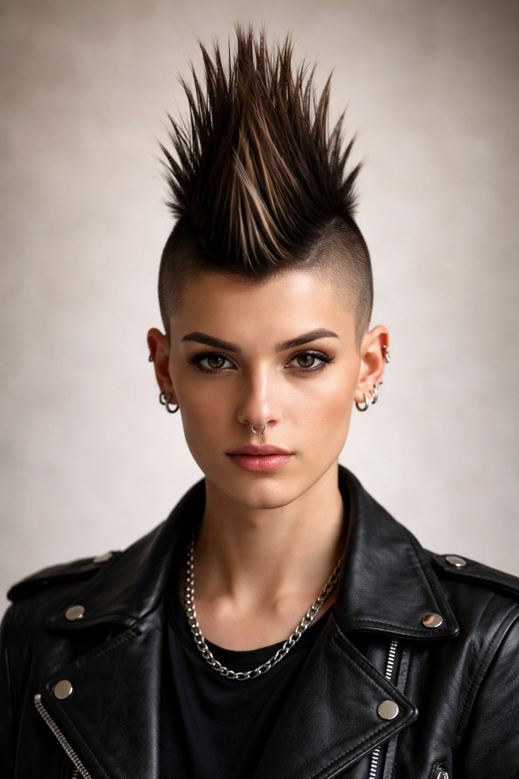Portrait highlighting a center-stripe mohawk with shaved sides and a bold silhouette
