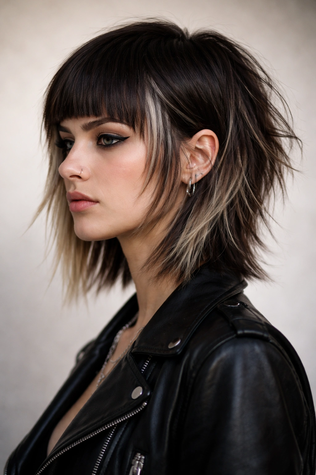 Portrait of a model wearing a blunt-front, longer textured back bob for subtle mullet-inspired silhouette.